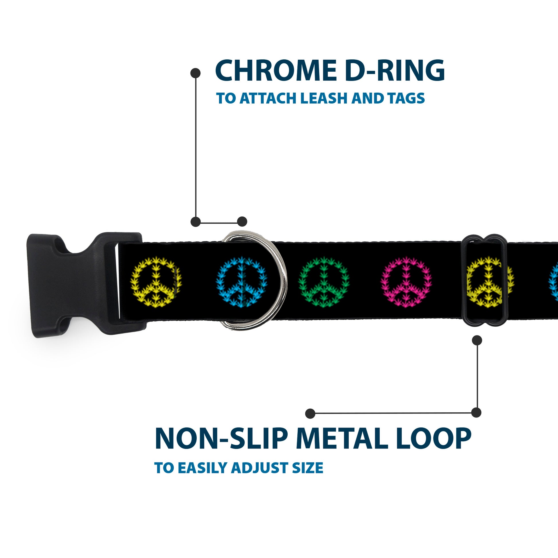 Buckle-Down Plastic Buckle Dog Collar - Marijuana Peace Repeat Black/Multi Color Plastic Clip Collars Buckle-Down