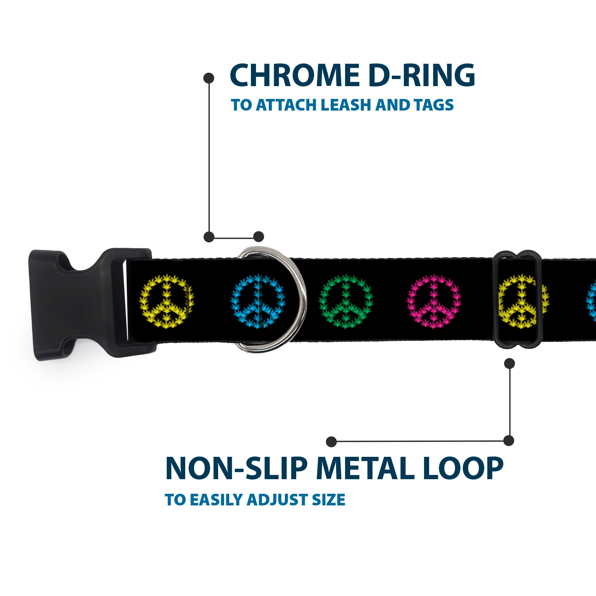 Buckle-Down Plastic Buckle Dog Collar - Marijuana Peace Repeat Black/Multi Color Plastic Clip Collars Buckle-Down