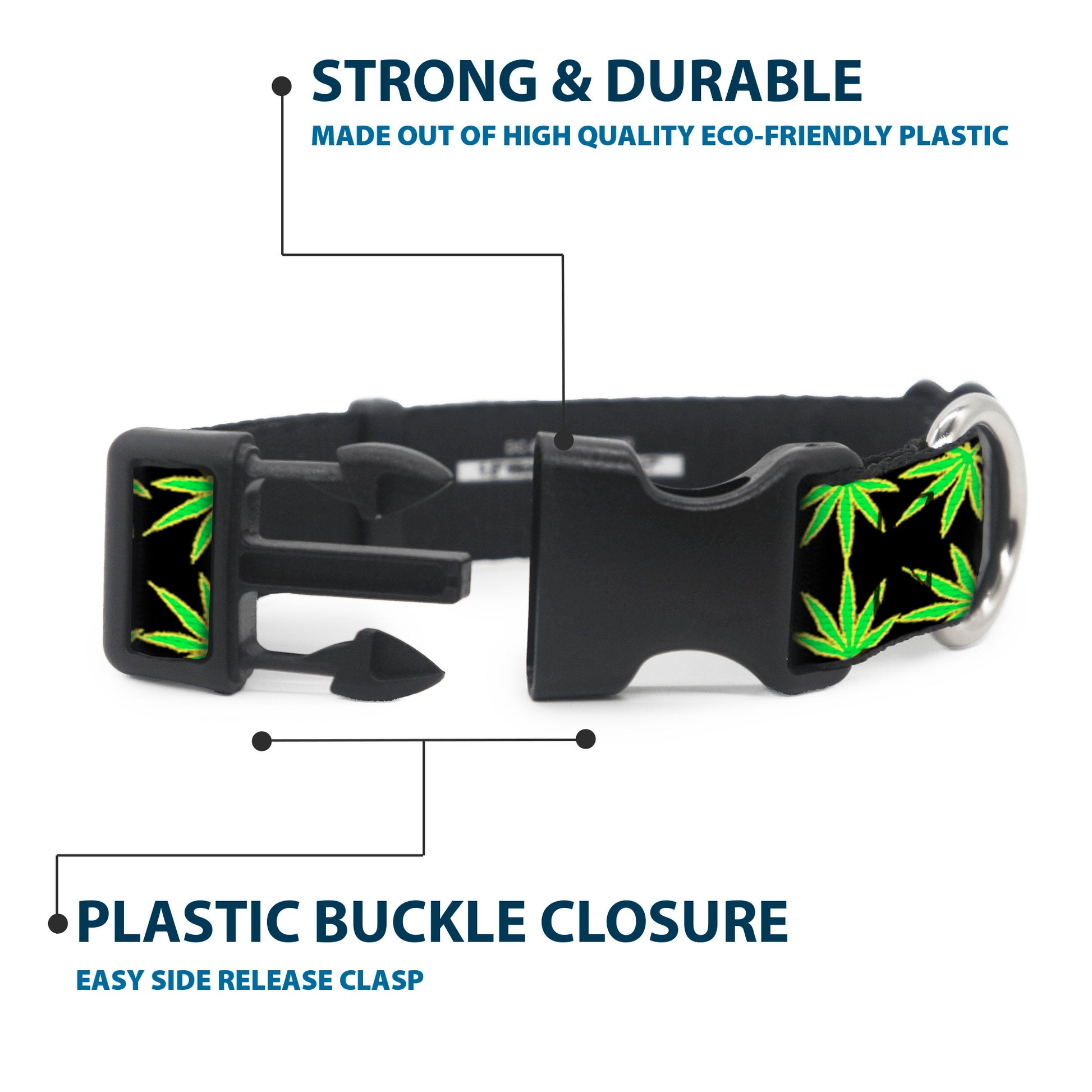 Buckle-Down Plastic Buckle Dog Collar - Marijuana Reflection Black/Yellow/Green Plastic Clip Collars Buckle-Down