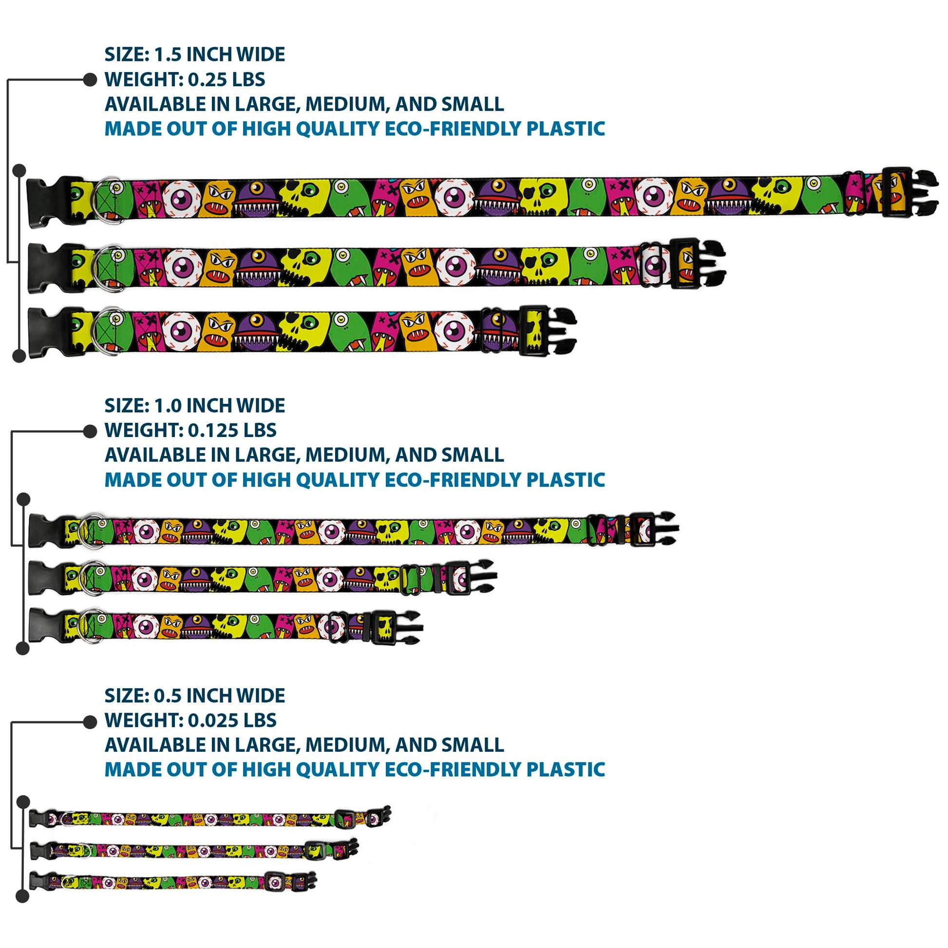 Plastic Clip Collar - Monsters CLOSE-UP Black Plastic Clip Collars Buckle-Down