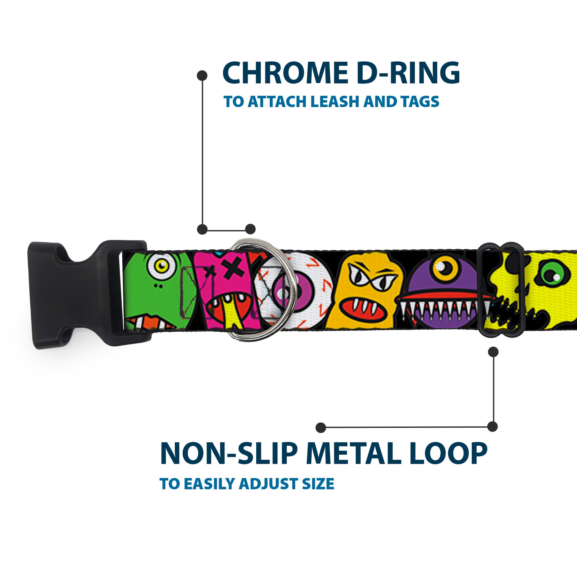 Plastic Clip Collar - Monsters CLOSE-UP Black Plastic Clip Collars Buckle-Down