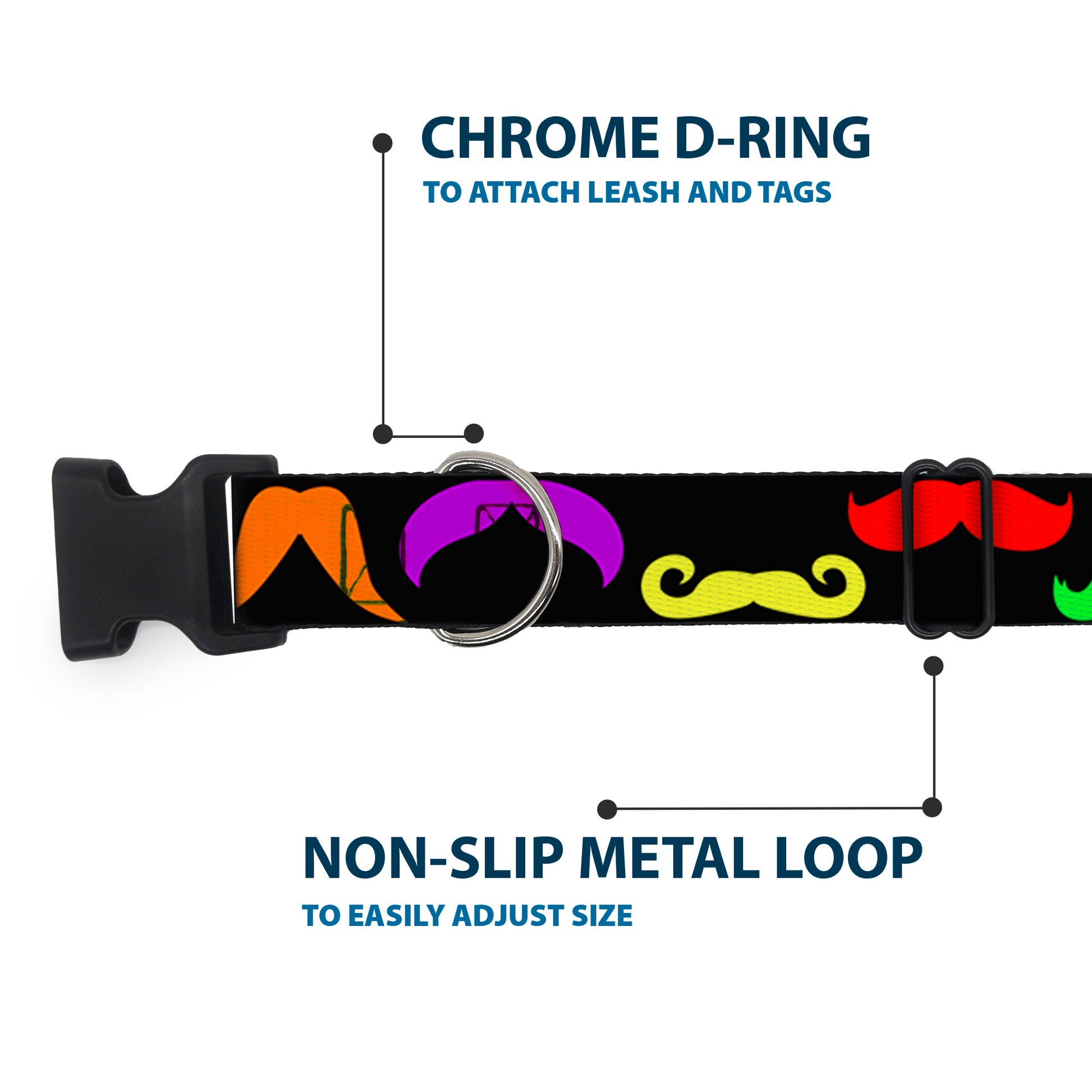 Plastic Clip Collar - Mustaches Black/Multi Color Plastic Clip Collars Buckle-Down