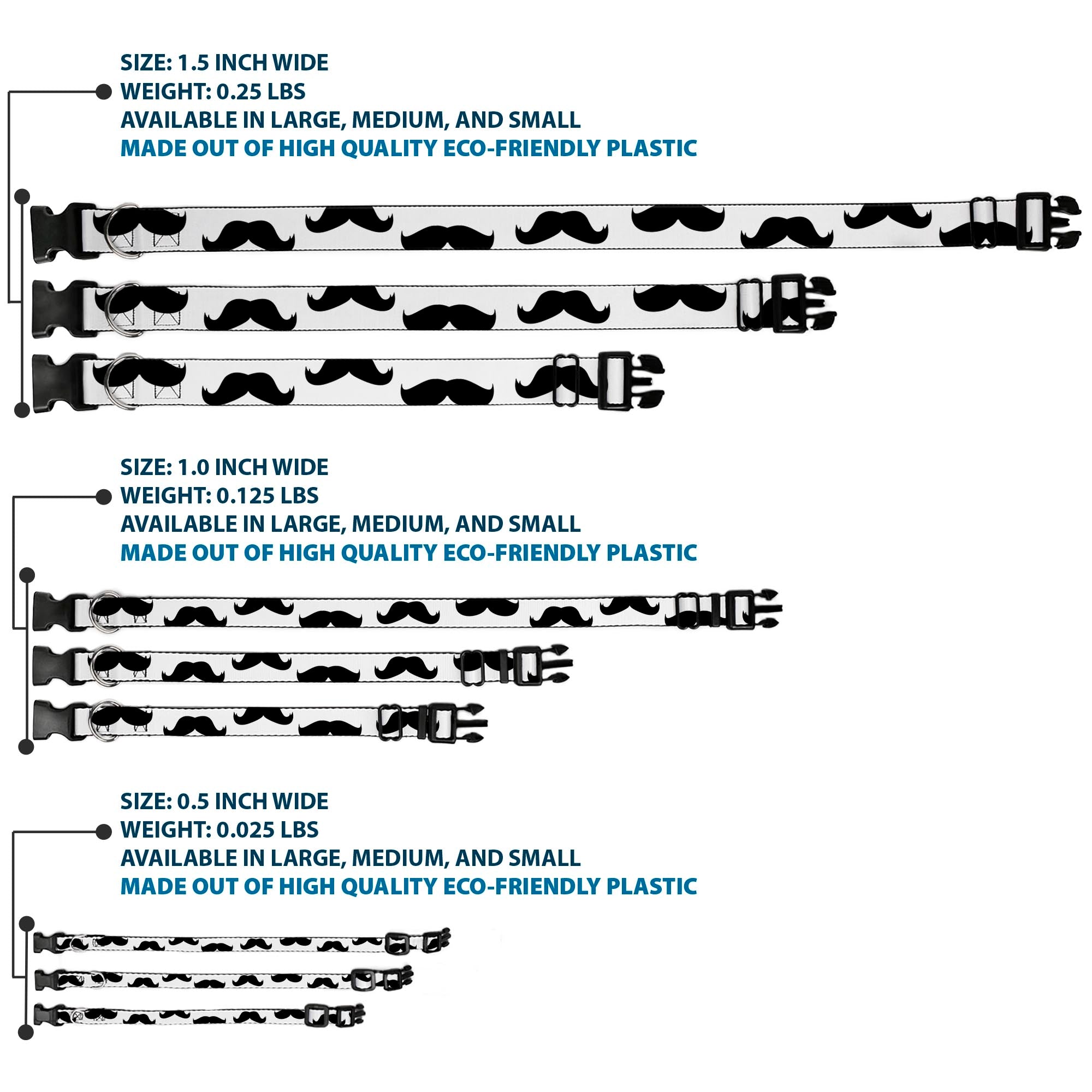 Plastic Clip Collar - Mustaches White/Black Plastic Clip Collars Buckle-Down