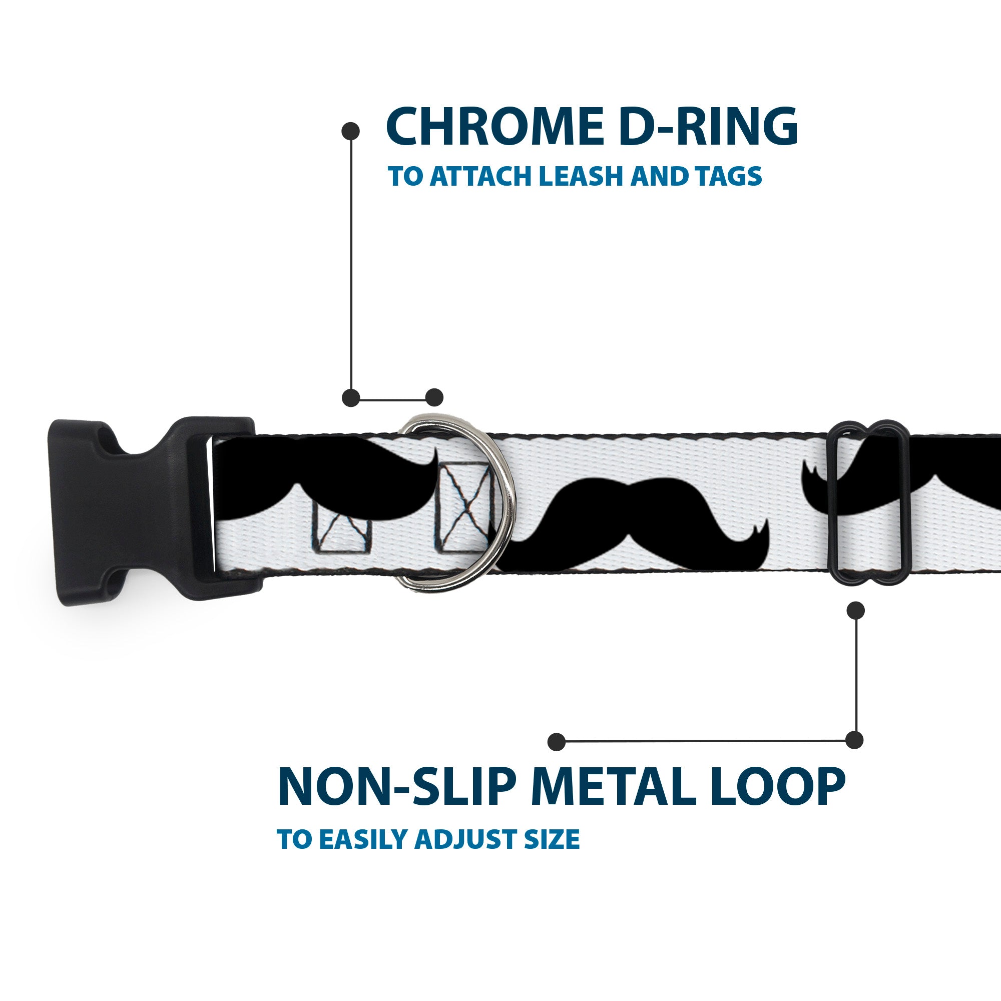 Plastic Clip Collar - Mustaches White/Black Plastic Clip Collars Buckle-Down