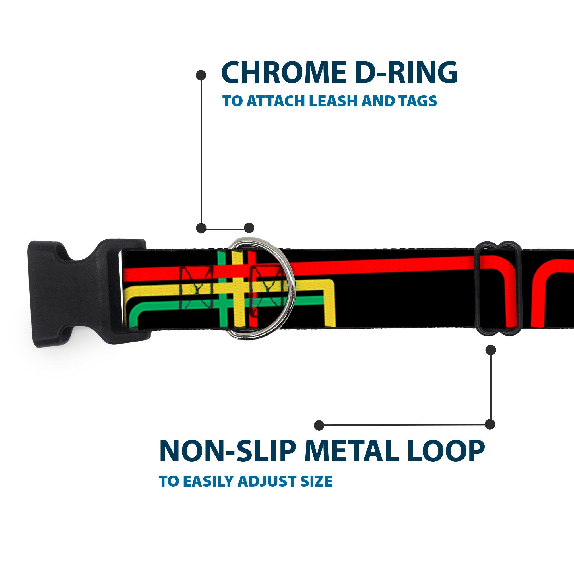 Plastic Clip Collar - Maze Lines Black/Rasta Plastic Clip Collars Buckle-Down