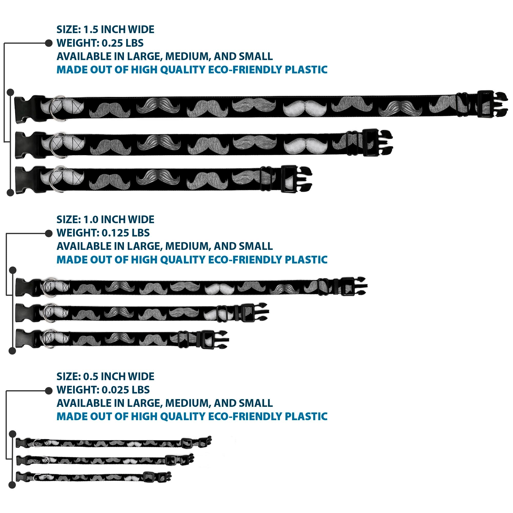 Plastic Clip Collar - Mustaches Black/Sketch Plastic Clip Collars Buckle-Down