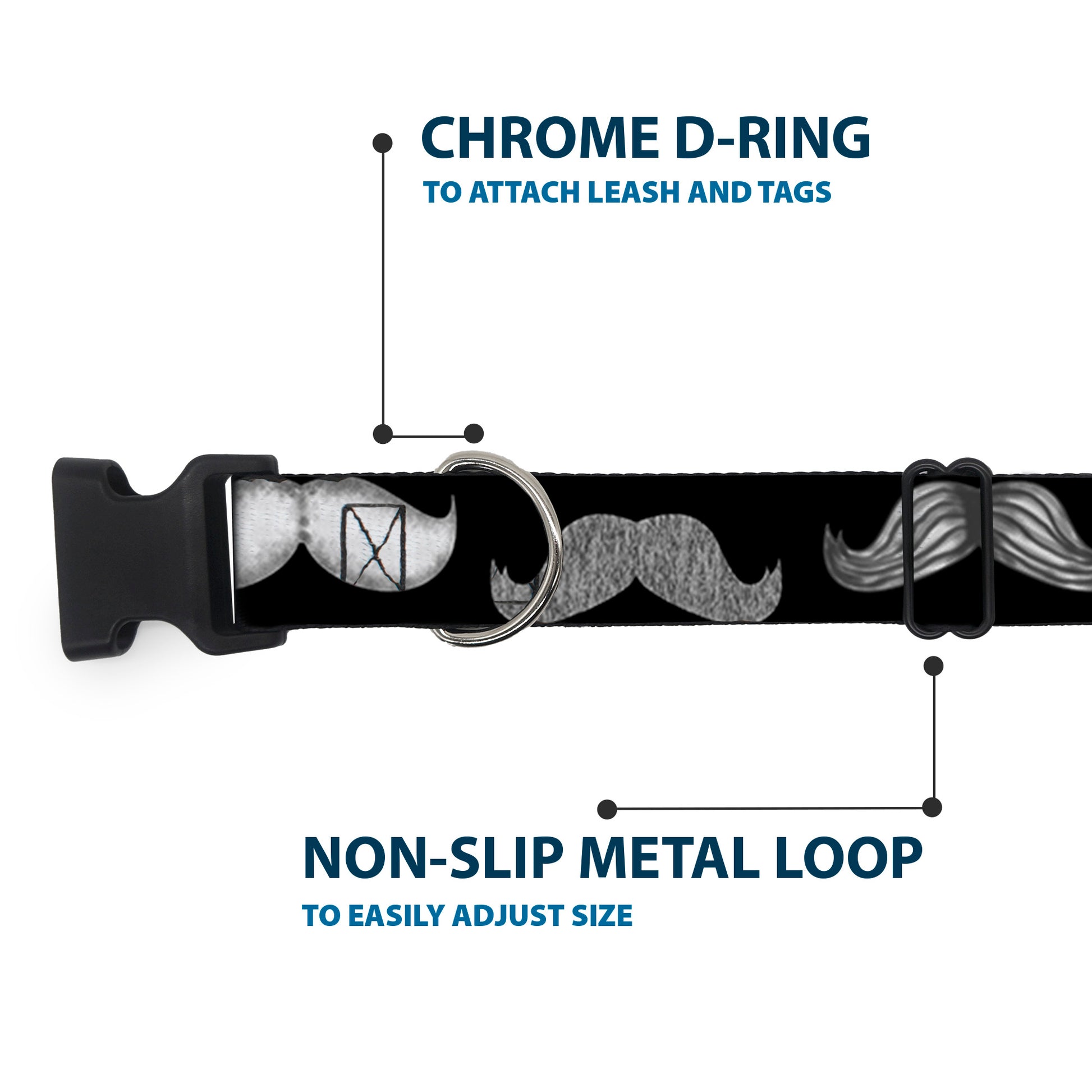 Plastic Clip Collar - Mustaches Black/Sketch Plastic Clip Collars Buckle-Down