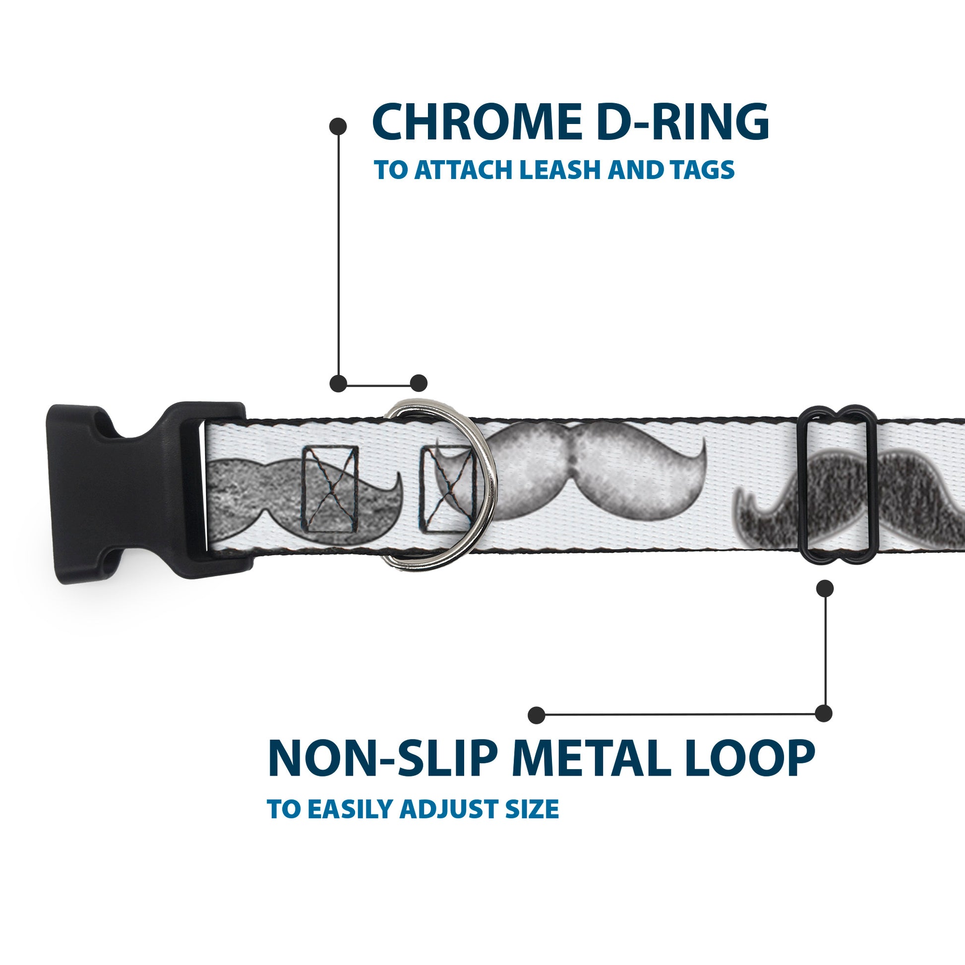 Plastic Clip Collar - Mustaches White/Sketch Plastic Clip Collars Buckle-Down