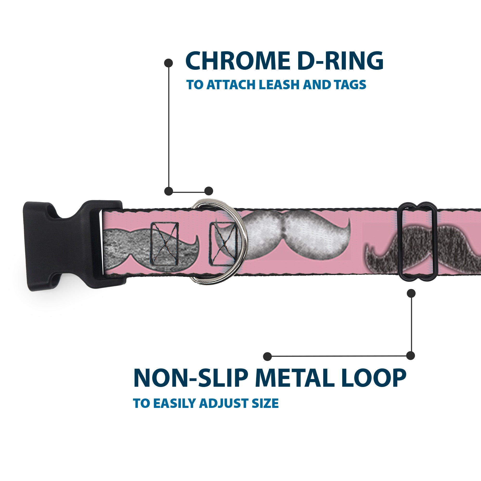 Plastic Clip Collar - Mustaches Pink/Sketch Plastic Clip Collars Buckle-Down