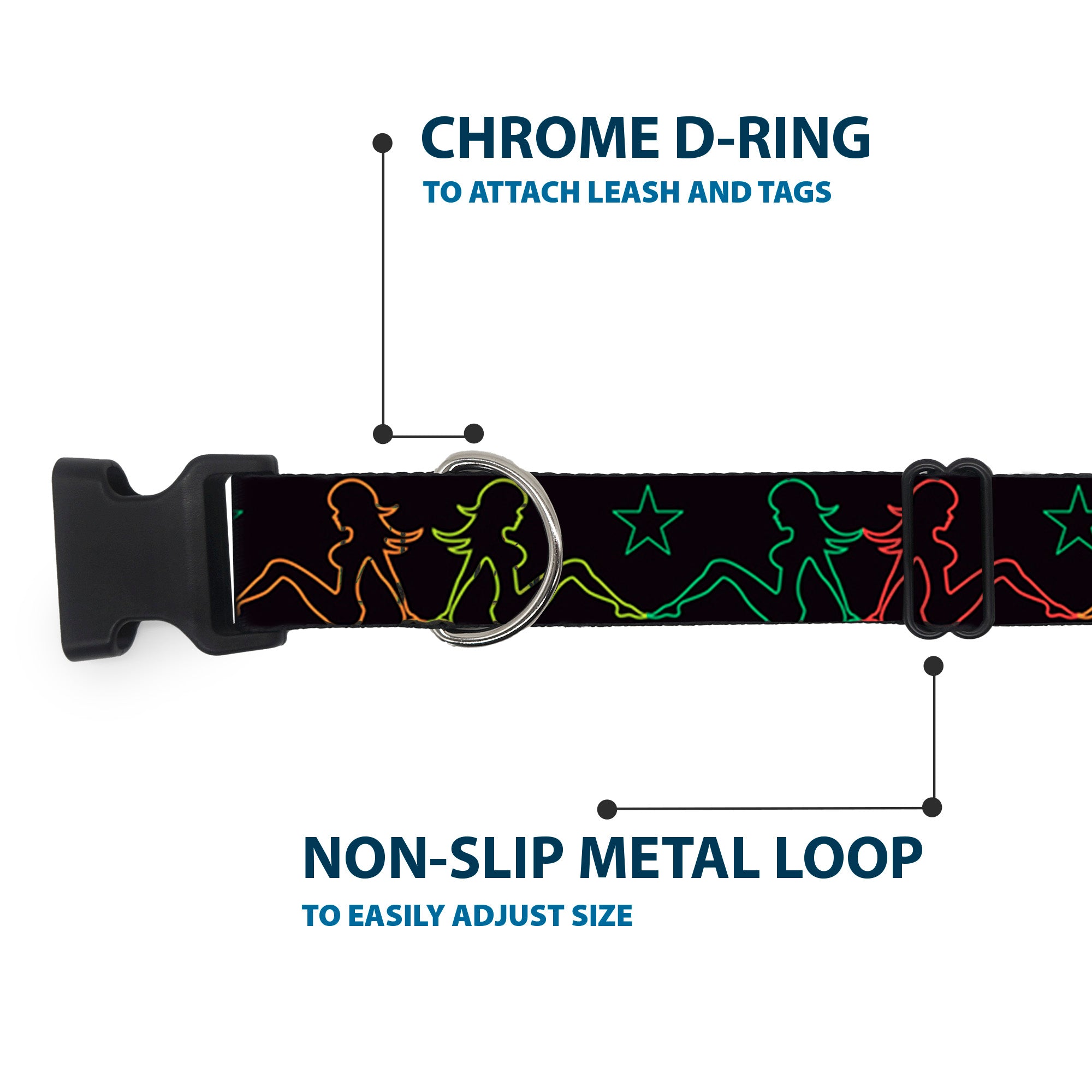 Plastic Clip Collar - Mud Flap Girls w/Star Outline Black/Multi Color Plastic Clip Collars Buckle-Down