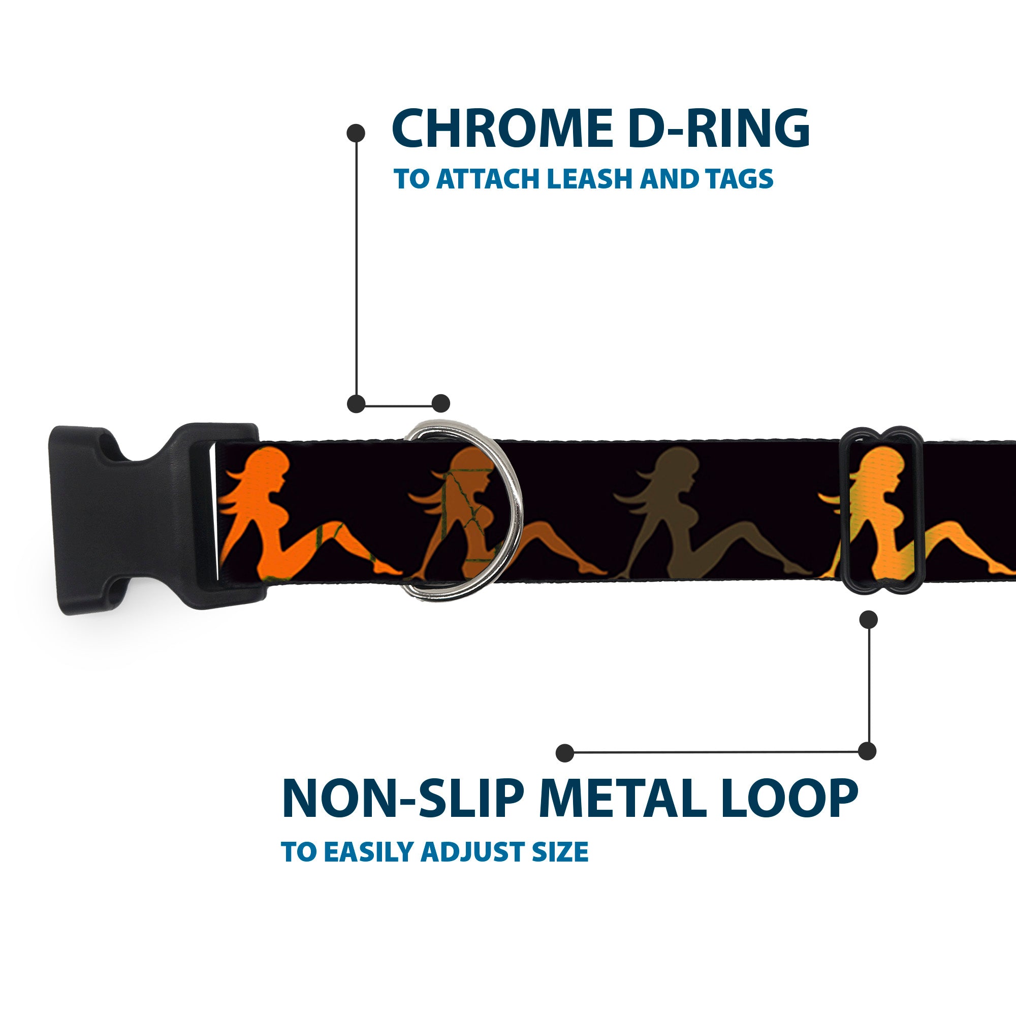 Plastic Clip Collar - Mud Flap Girl Repeat Black/Orange Fade Plastic Clip Collars Buckle-Down