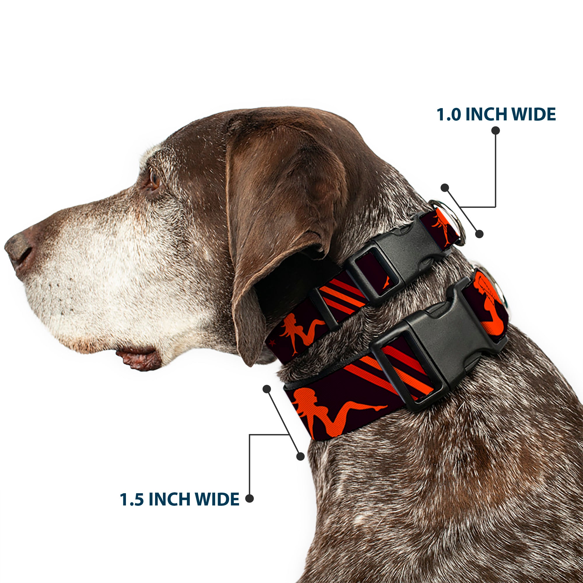 Plastic Clip Collar - Mud Flap Girls w/Stripes Black/Red/Orange Plastic Clip Collars Buckle-Down