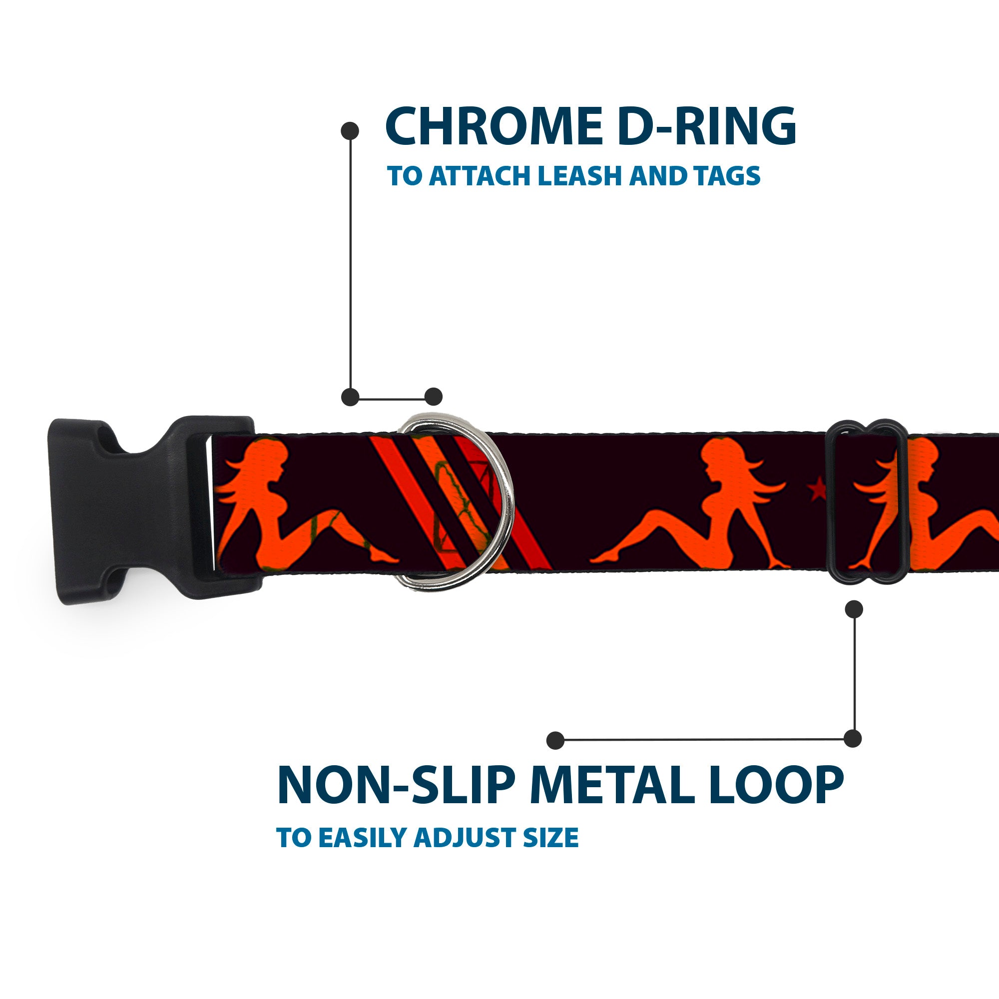 Plastic Clip Collar - Mud Flap Girls w/Stripes Black/Red/Orange Plastic Clip Collars Buckle-Down