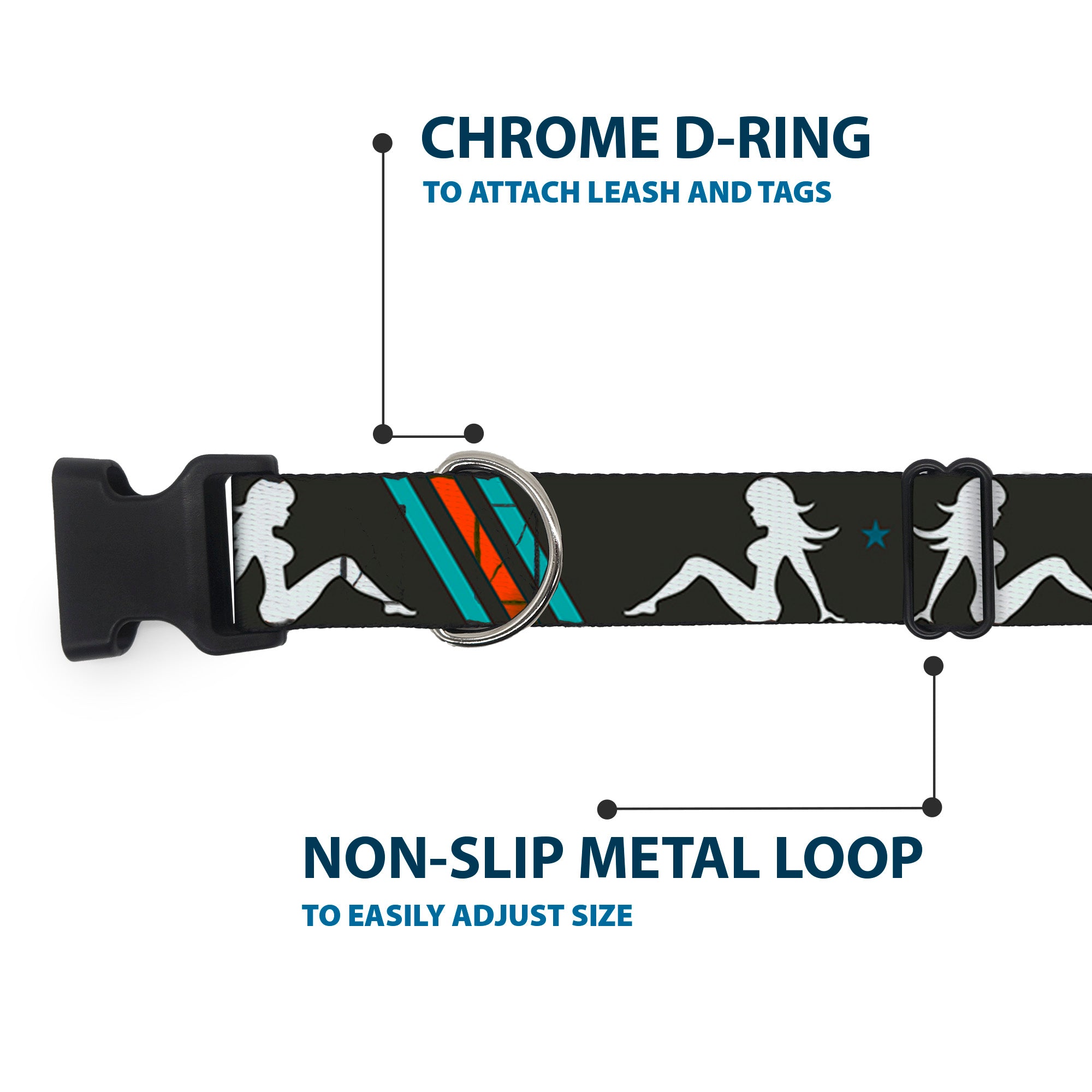 Plastic Clip Collar - Mud Flap Girls w/Stripes Gray/Turquoise/Orange Plastic Clip Collars Buckle-Down