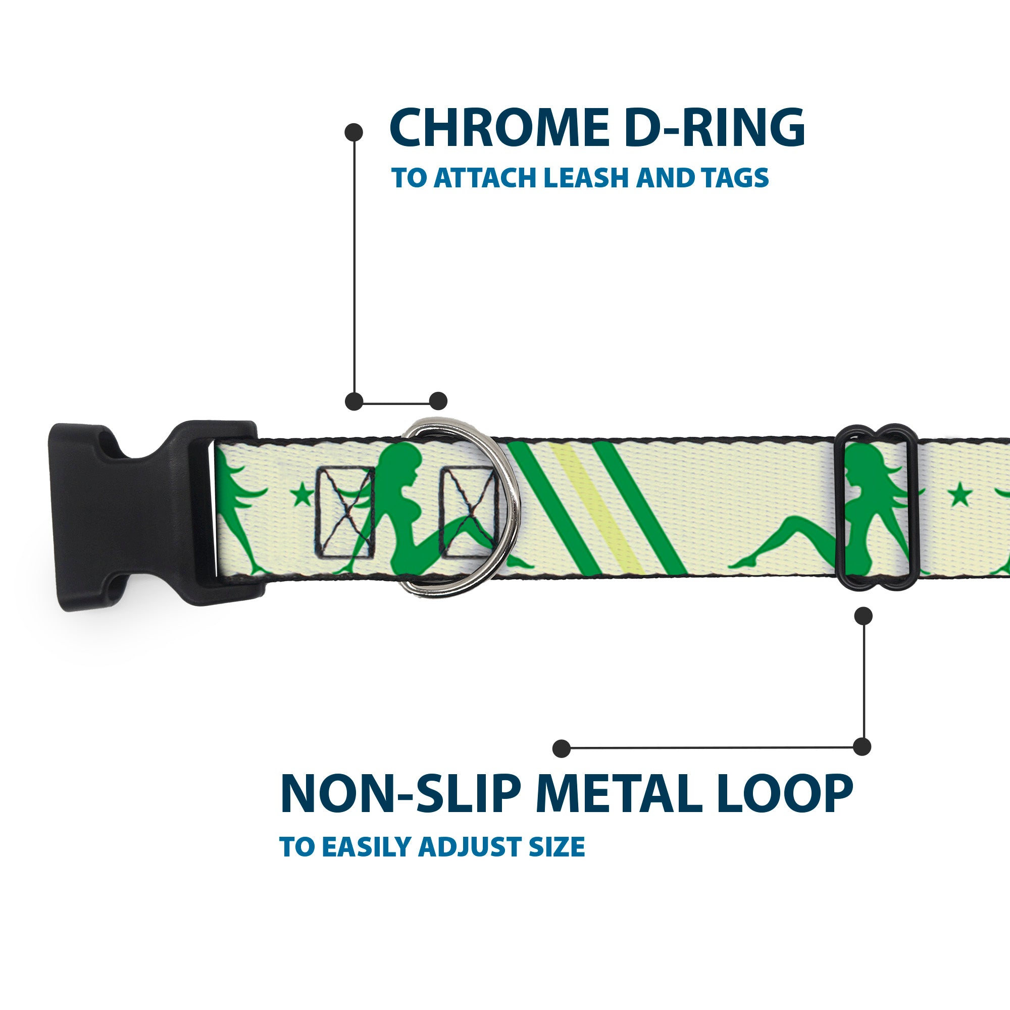 Plastic Clip Collar - Mud Flap Girls w/Stripes Tan/Green/Lime Green Plastic Clip Collars Buckle-Down