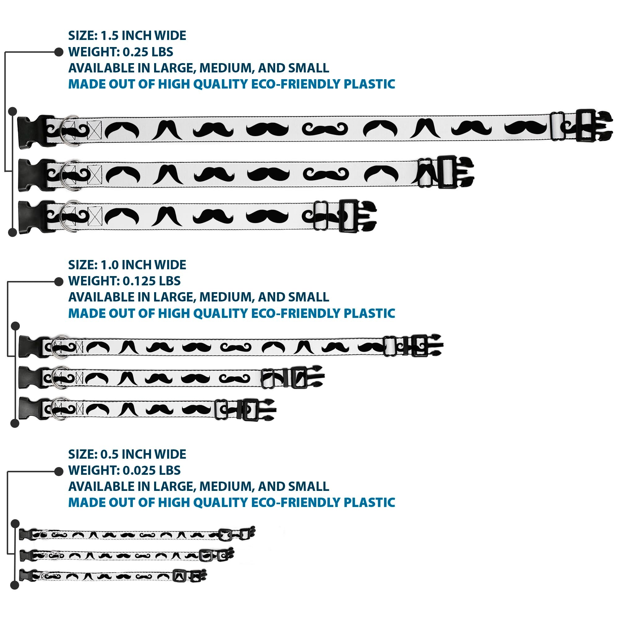 Plastic Clip Collar - Mustaches Straight White/Black Plastic Clip Collars Buckle-Down