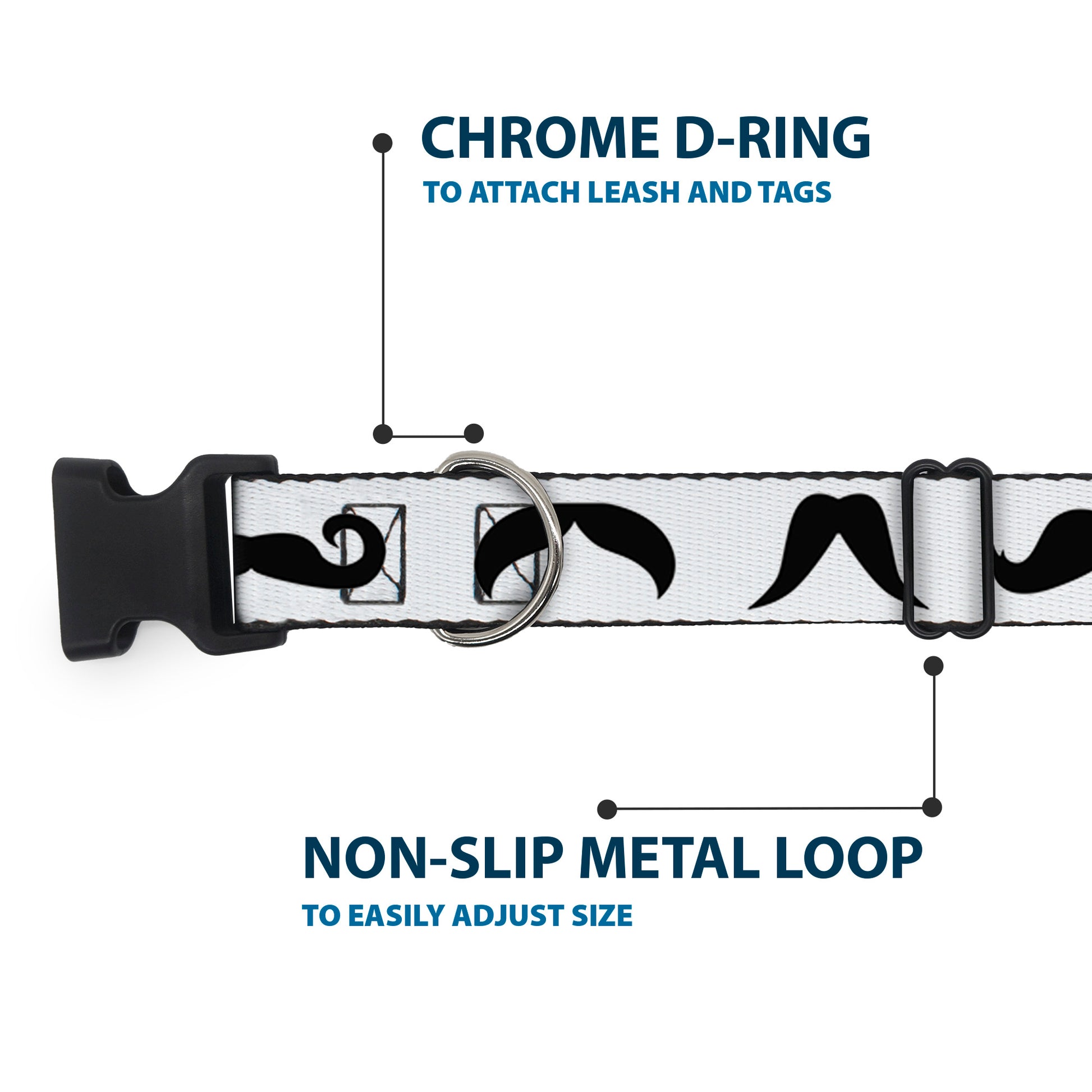 Plastic Clip Collar - Mustaches Straight White/Black Plastic Clip Collars Buckle-Down