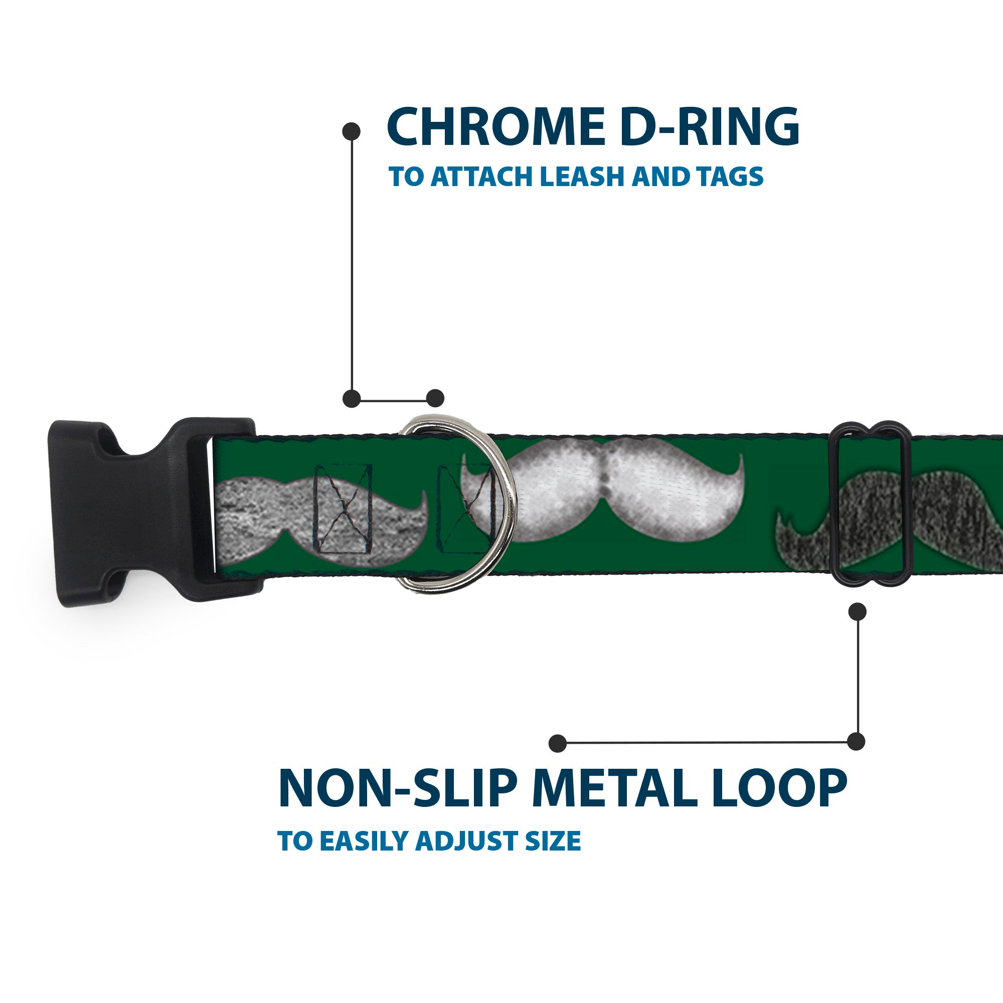 Plastic Clip Collar - Mustaches Green/Sketch Plastic Clip Collars Buckle-Down