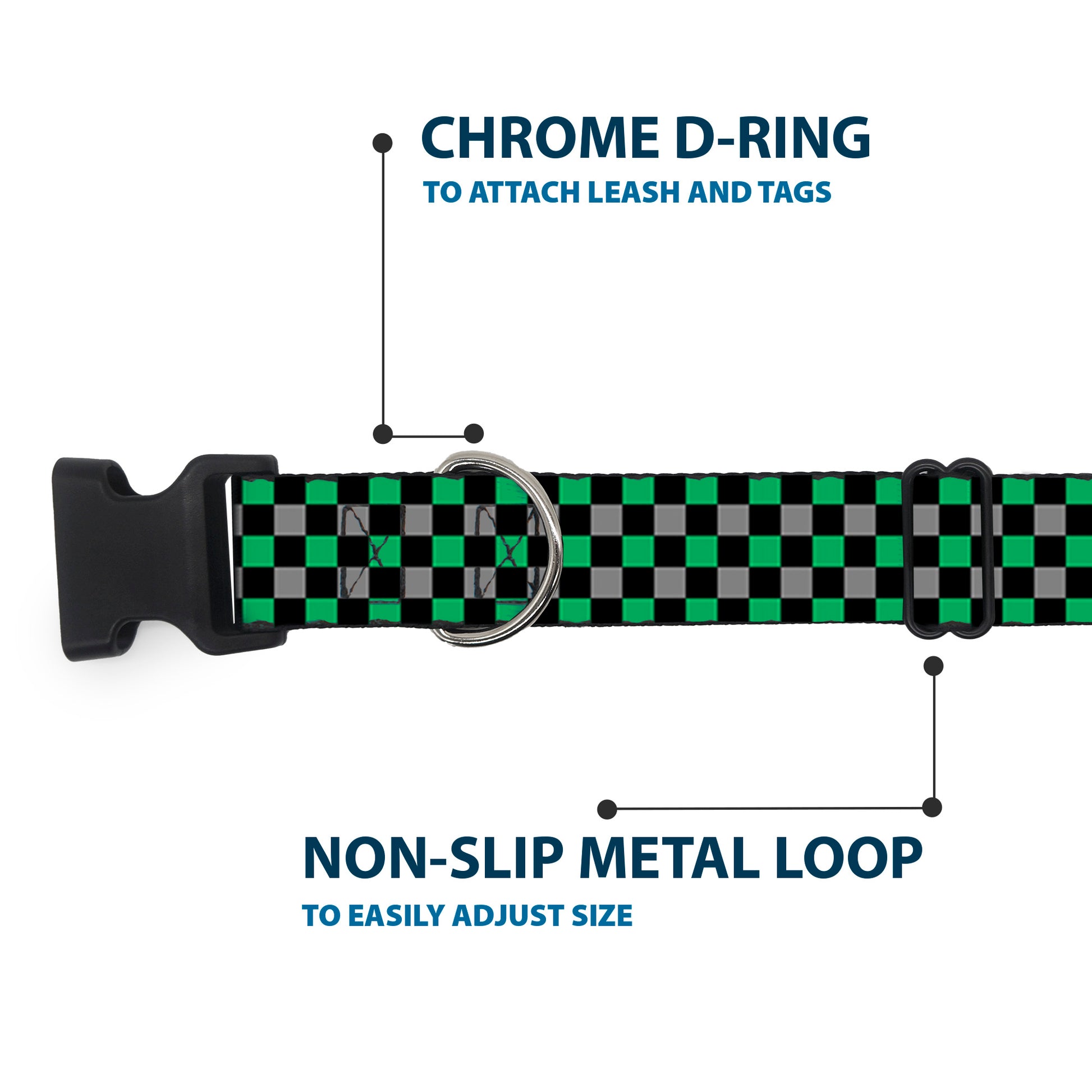 Plastic Clip Collar - Mini Checker Black/Gray/3 Green Plastic Clip Collars Buckle-Down