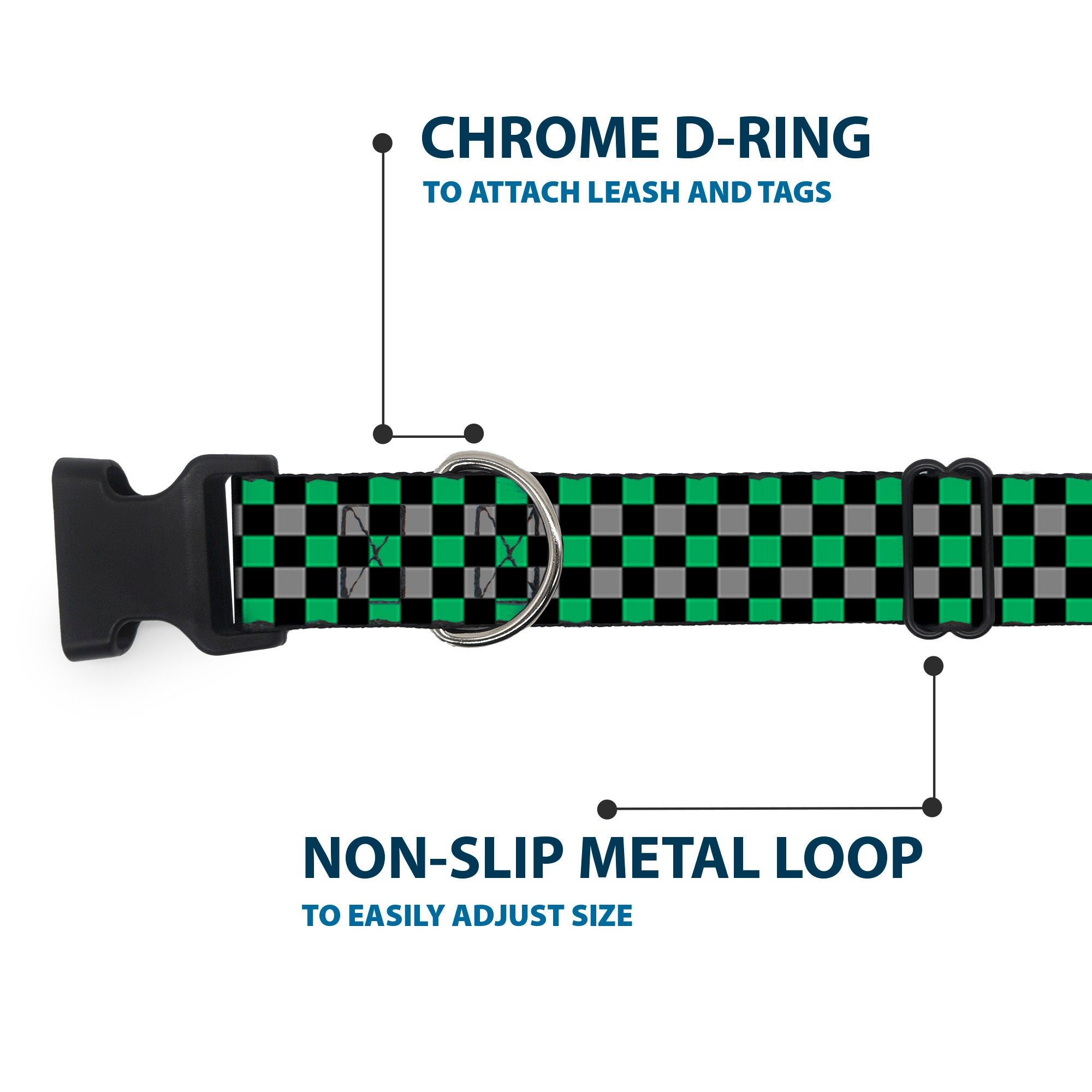 Plastic Clip Collar - Mini Checker Black/Gray/3 Green Plastic Clip Collars Buckle-Down