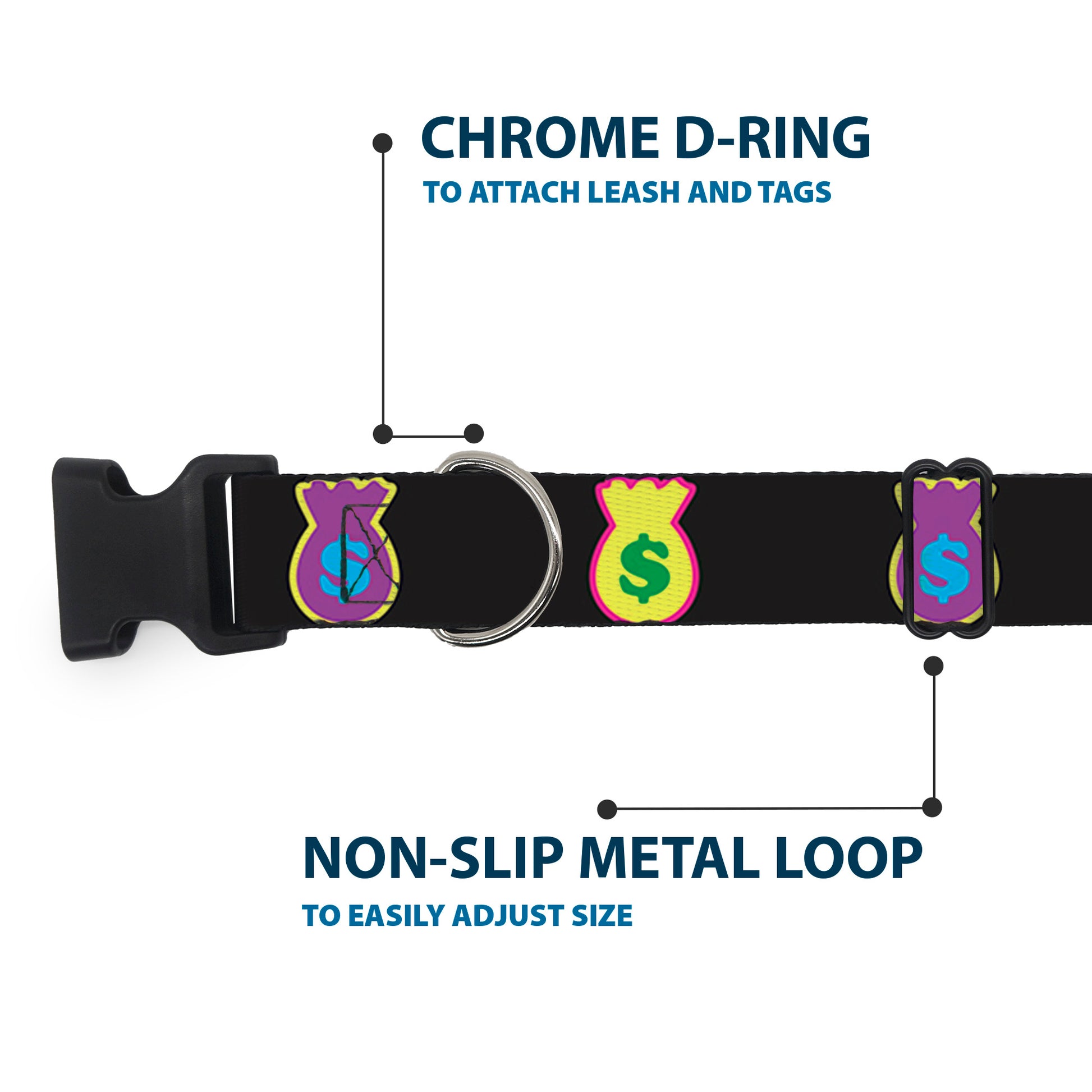 Plastic Clip Collar - Money Bags Black/Multi Color Plastic Clip Collars Buckle-Down