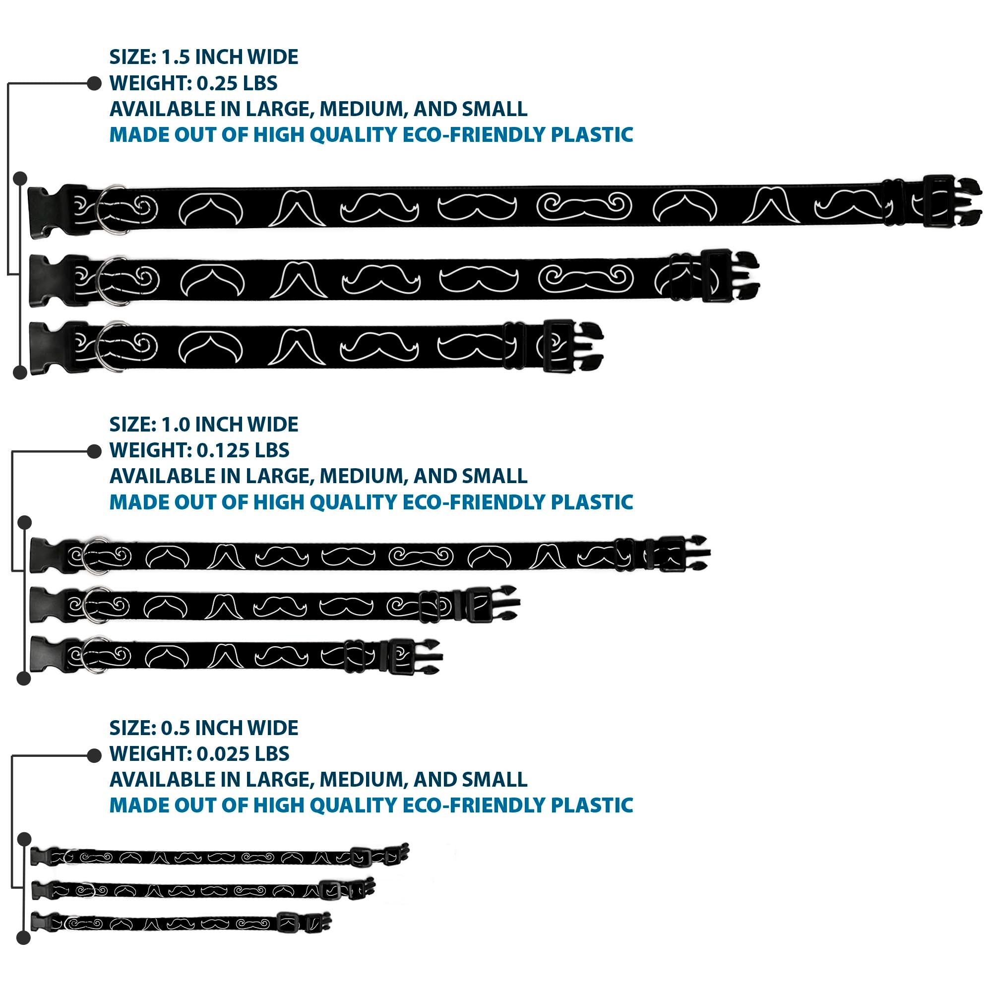 Plastic Clip Collar - Mustache Outlines Black/White Plastic Clip Collars Buckle-Down