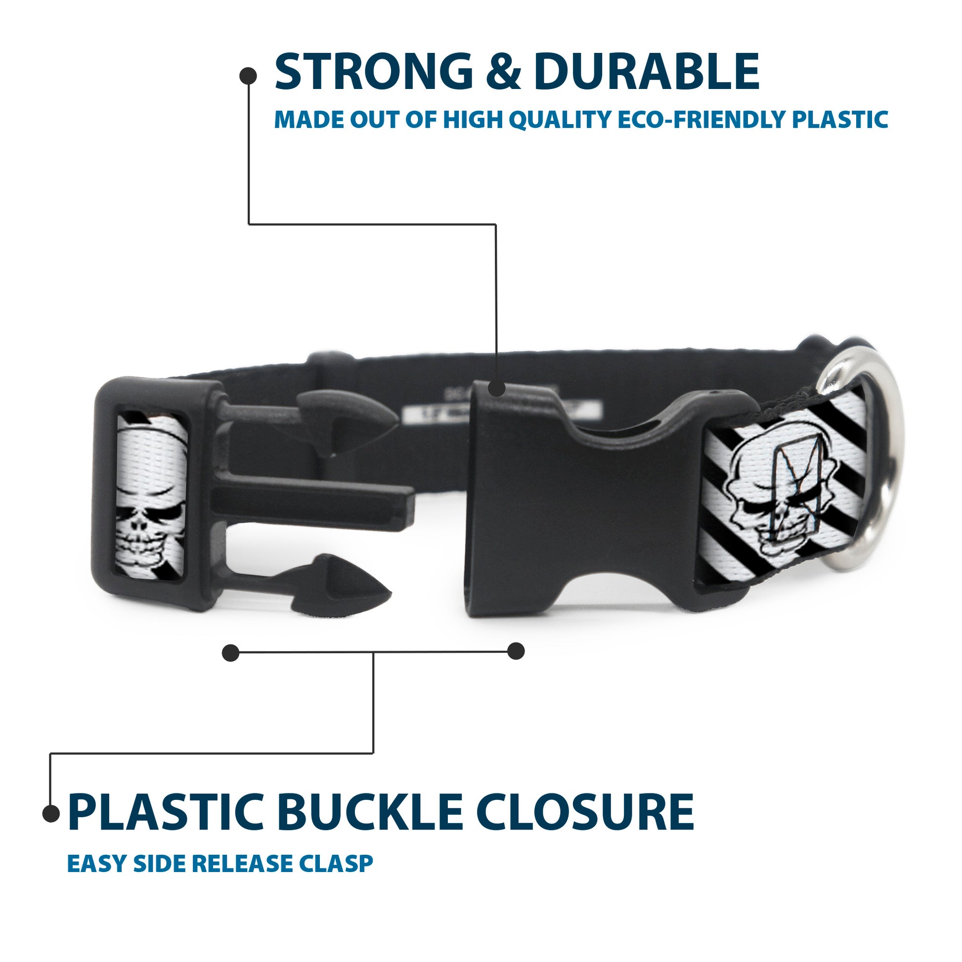 Plastic Clip Collar - Metal Skull Black/White Plastic Clip Collars Buckle-Down