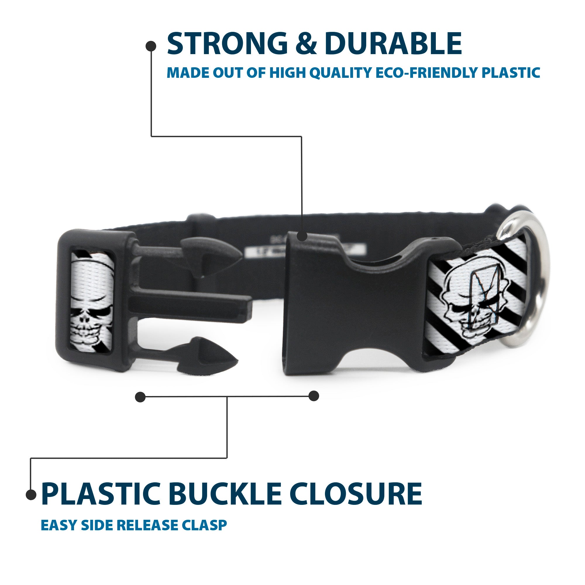 Plastic Clip Collar - Metal Skull Black/White Plastic Clip Collars Buckle-Down