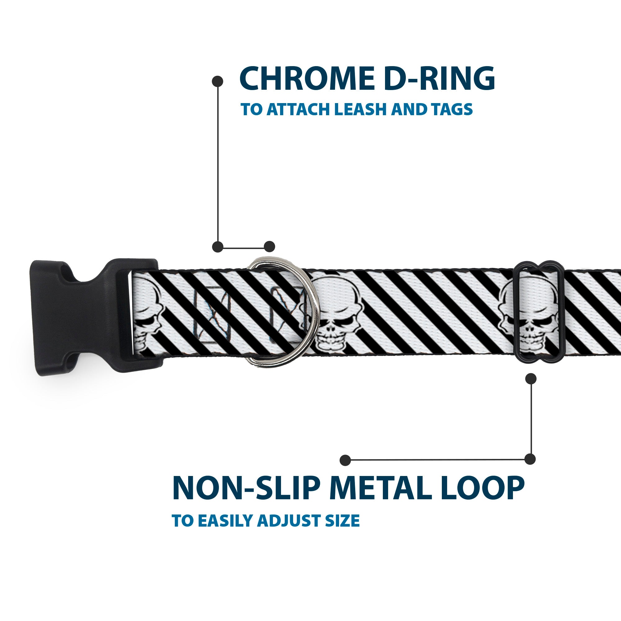 Plastic Clip Collar - Metal Skull Black/White Plastic Clip Collars Buckle-Down