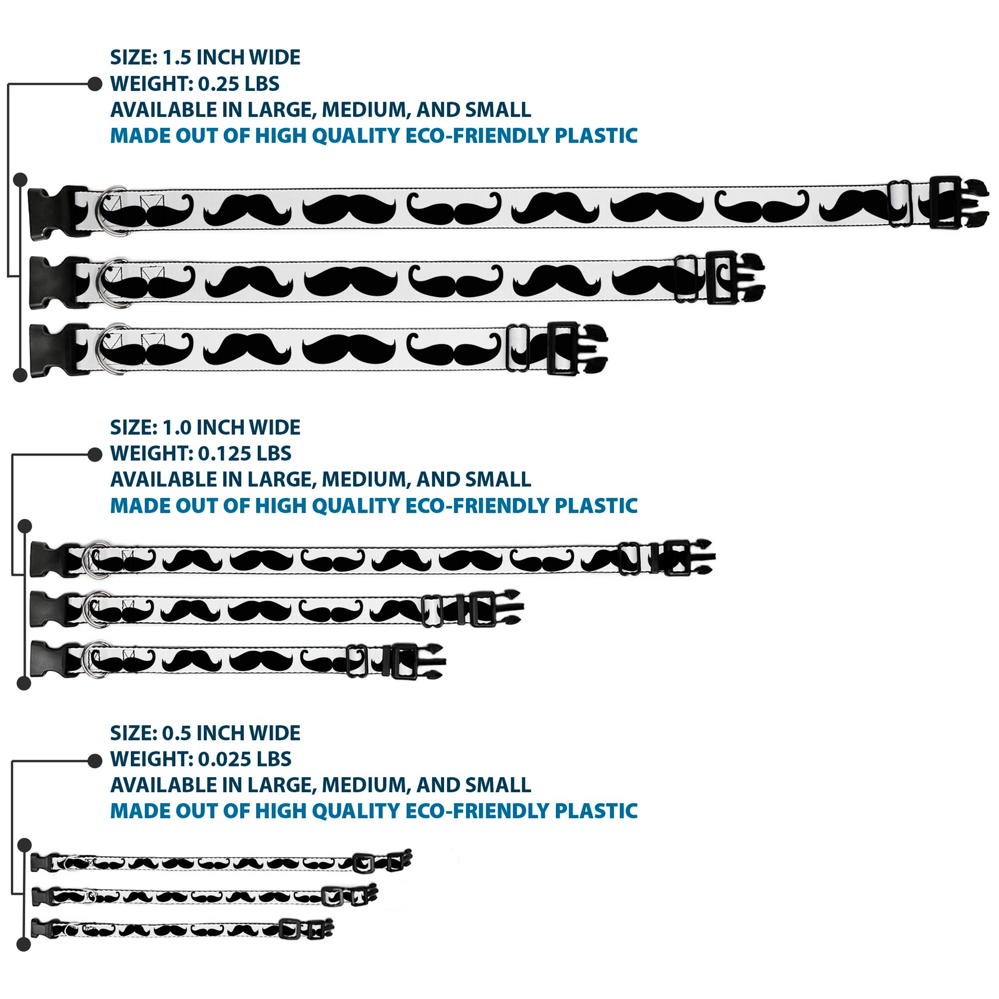 Plastic Clip Collar - Multi Mustaches Sketch White/Black Plastic Clip Collars Buckle-Down