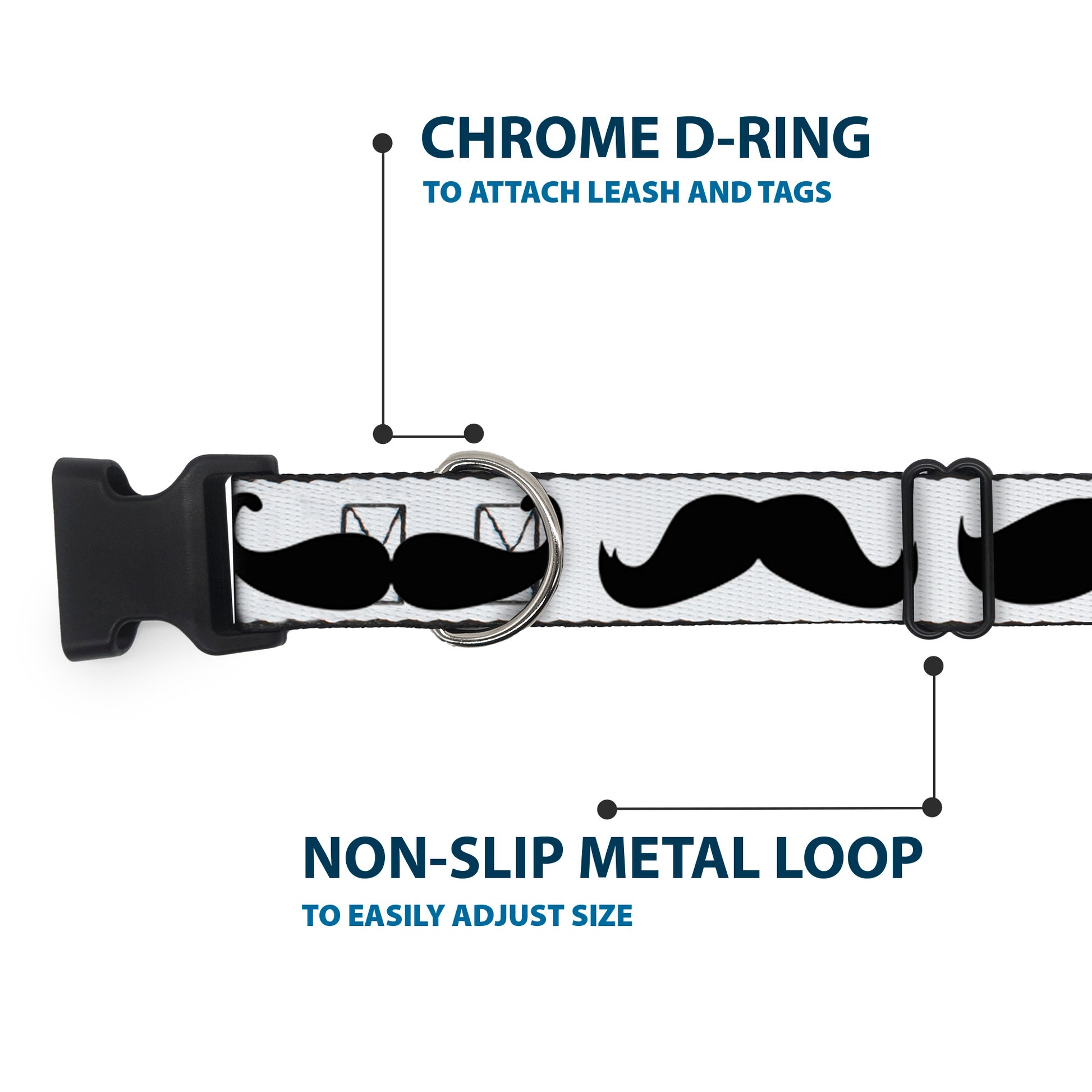 Plastic Clip Collar - Multi Mustaches Sketch White/Black Plastic Clip Collars Buckle-Down