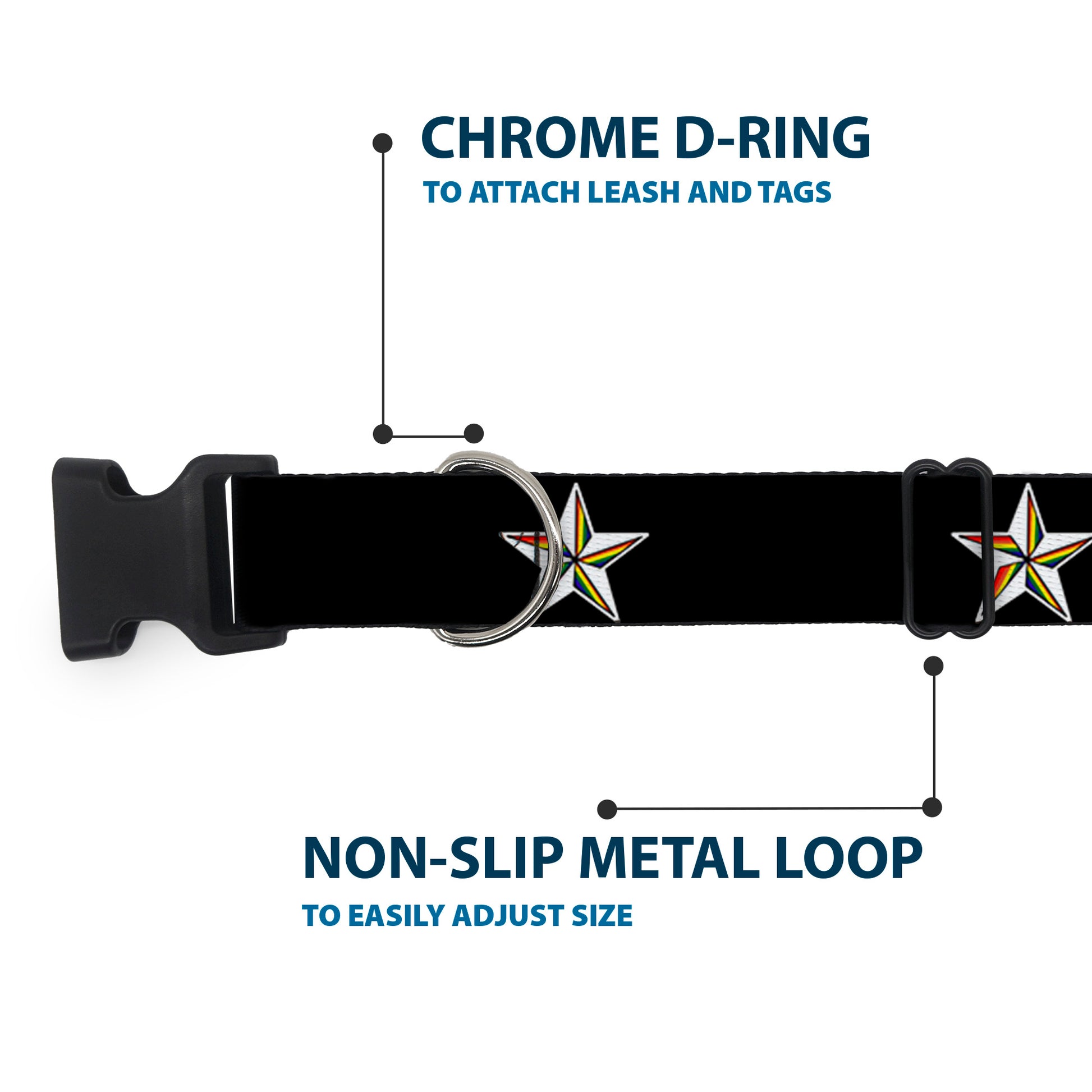 Plastic Clip Collar - Nautical Star Black/White/Rainbow Plastic Clip Collars Buckle-Down