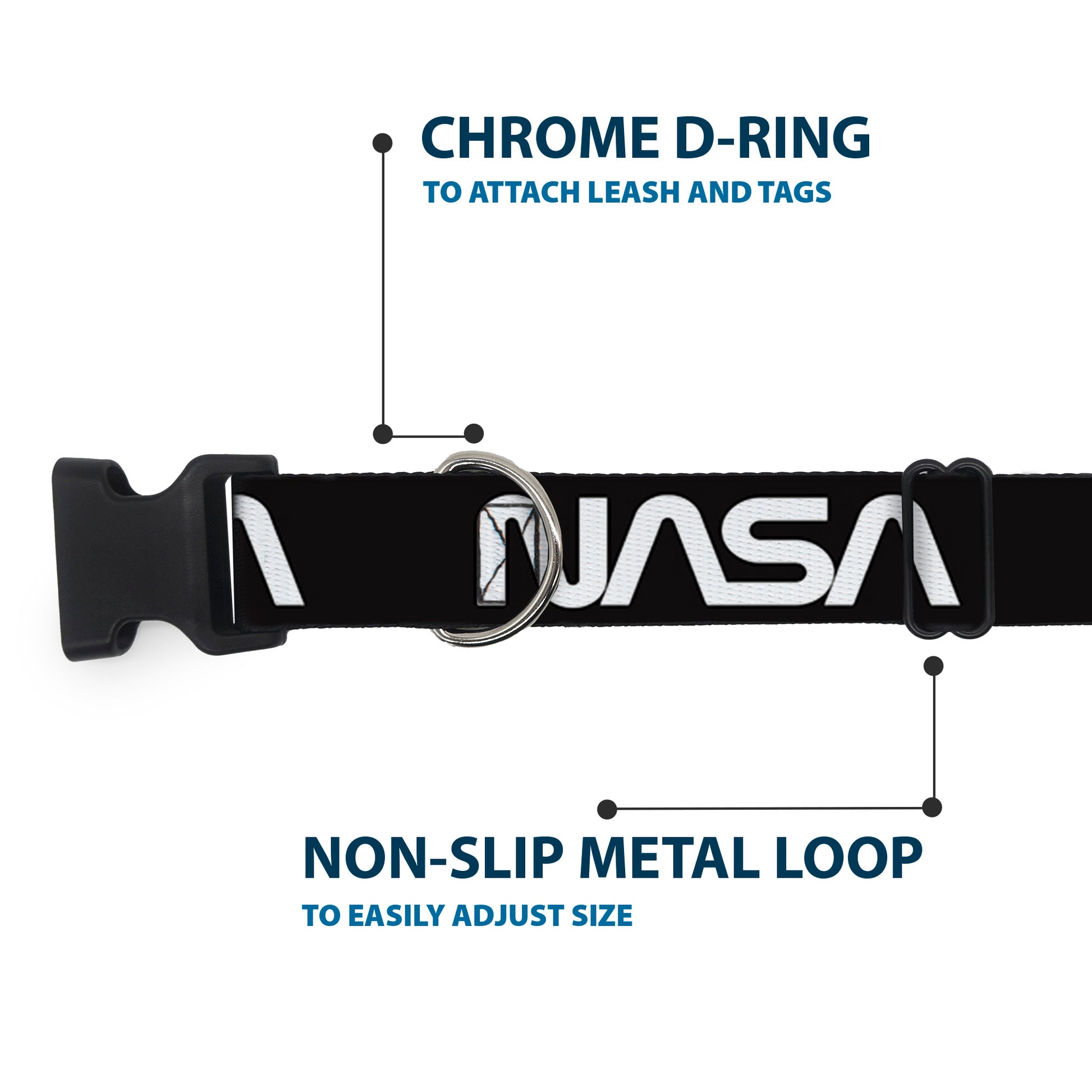Plastic Clip Collar - NASA Text Black/White Plastic Clip Collars Buckle-Down