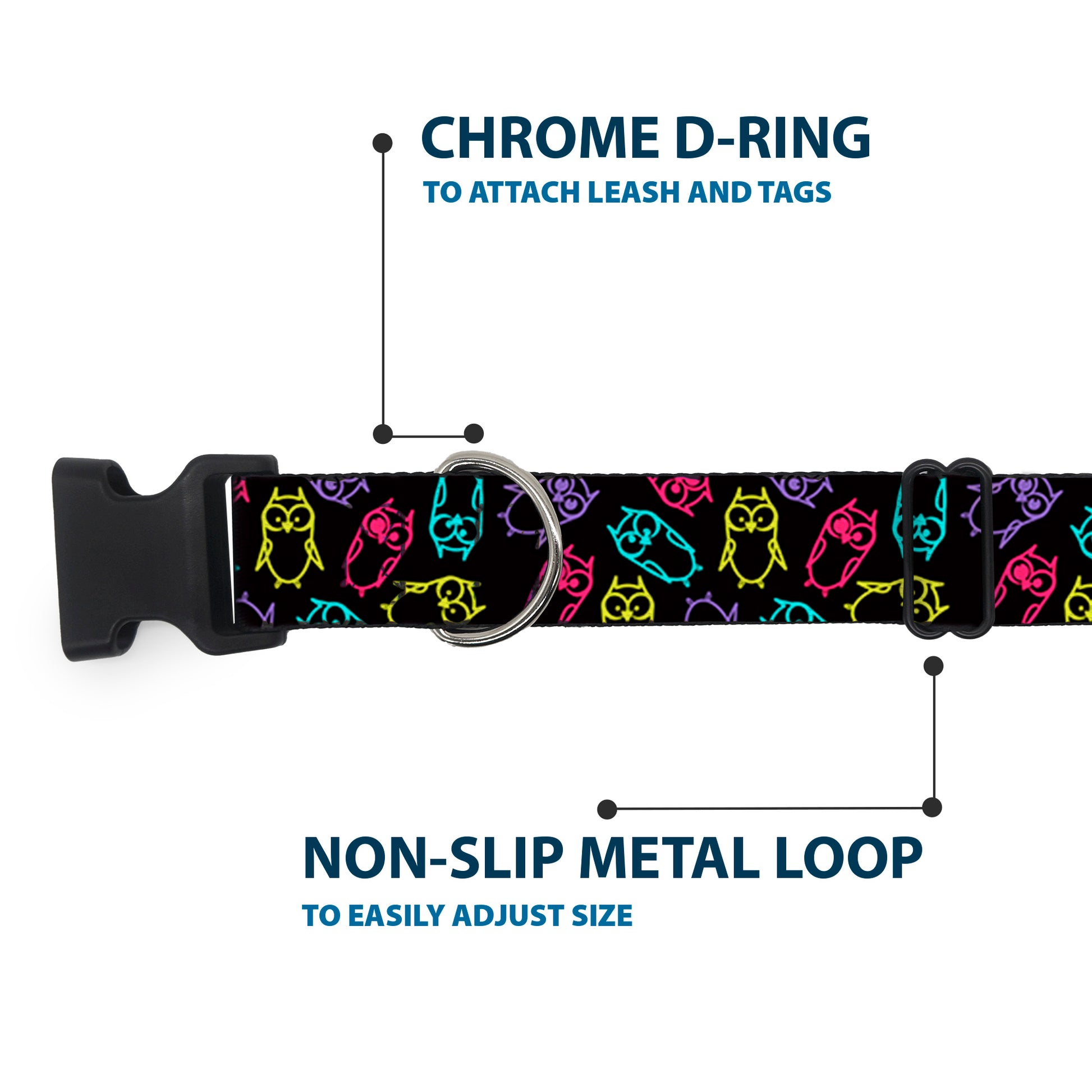 Plastic Clip Collar - Owl Sketch Black/Multi Color Plastic Clip Collars Buckle-Down