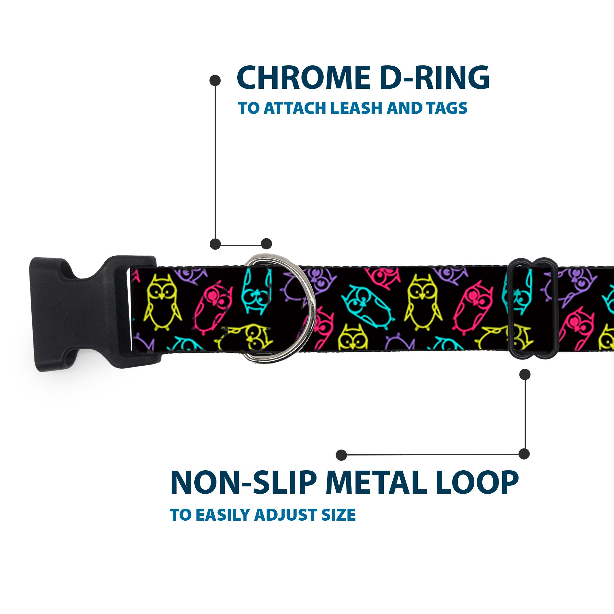 Plastic Clip Collar - Owl Sketch Black/Multi Color Plastic Clip Collars Buckle-Down