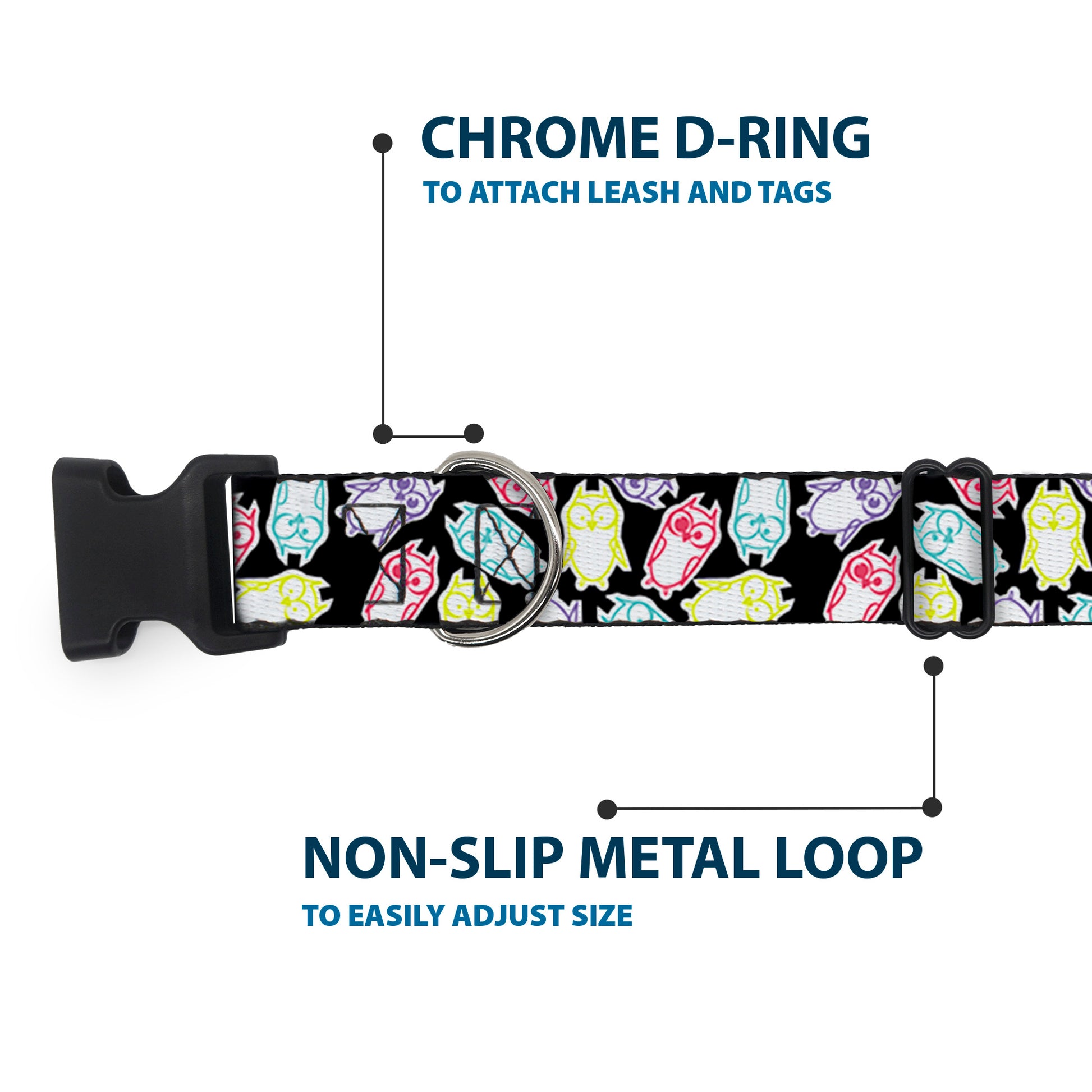 Plastic Clip Collar - Owl Sketch Black/White/Multi Color Plastic Clip Collars Buckle-Down