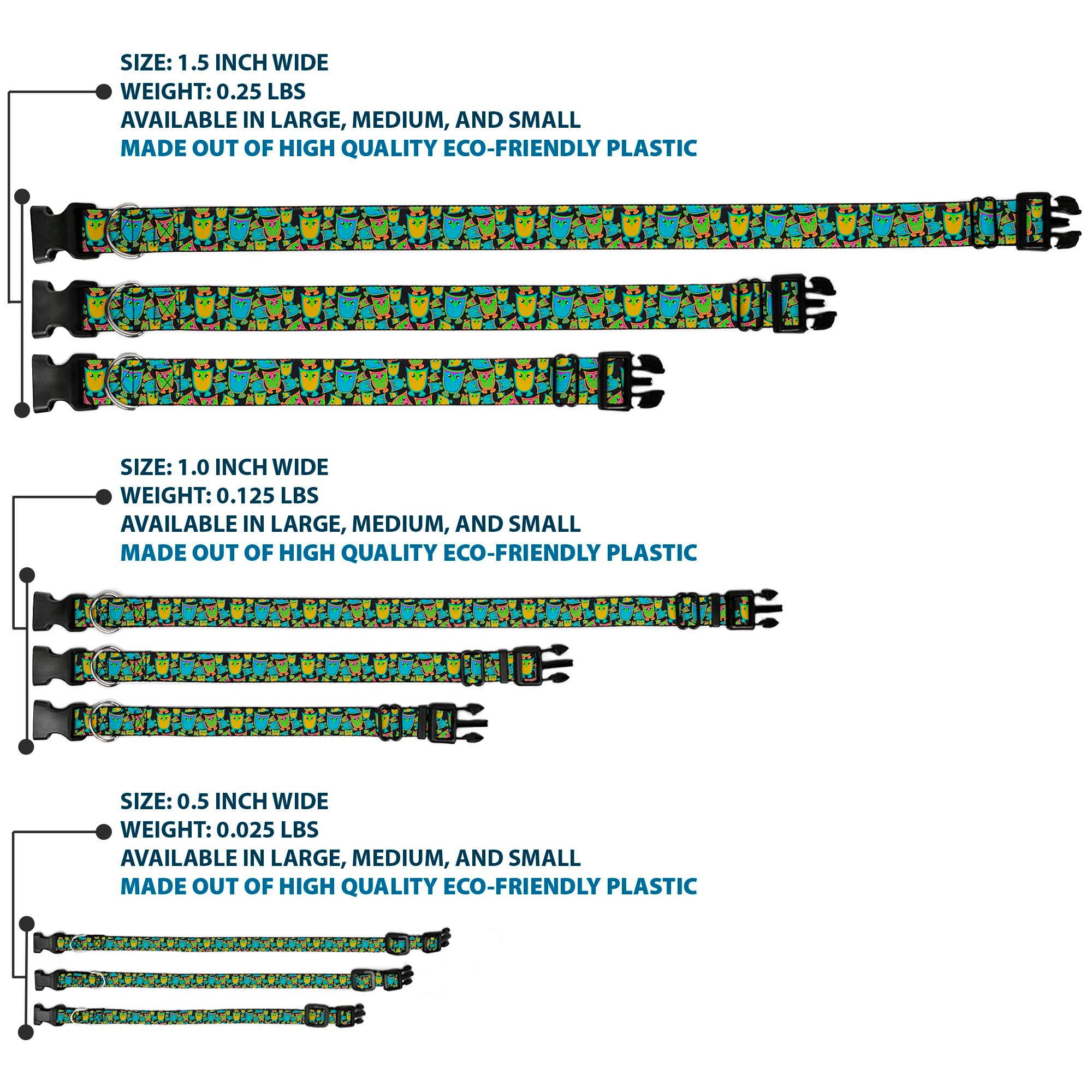 Plastic Clip Collar - Owls w/Outline Black/Multi Neon Plastic Clip Collars Buckle-Down