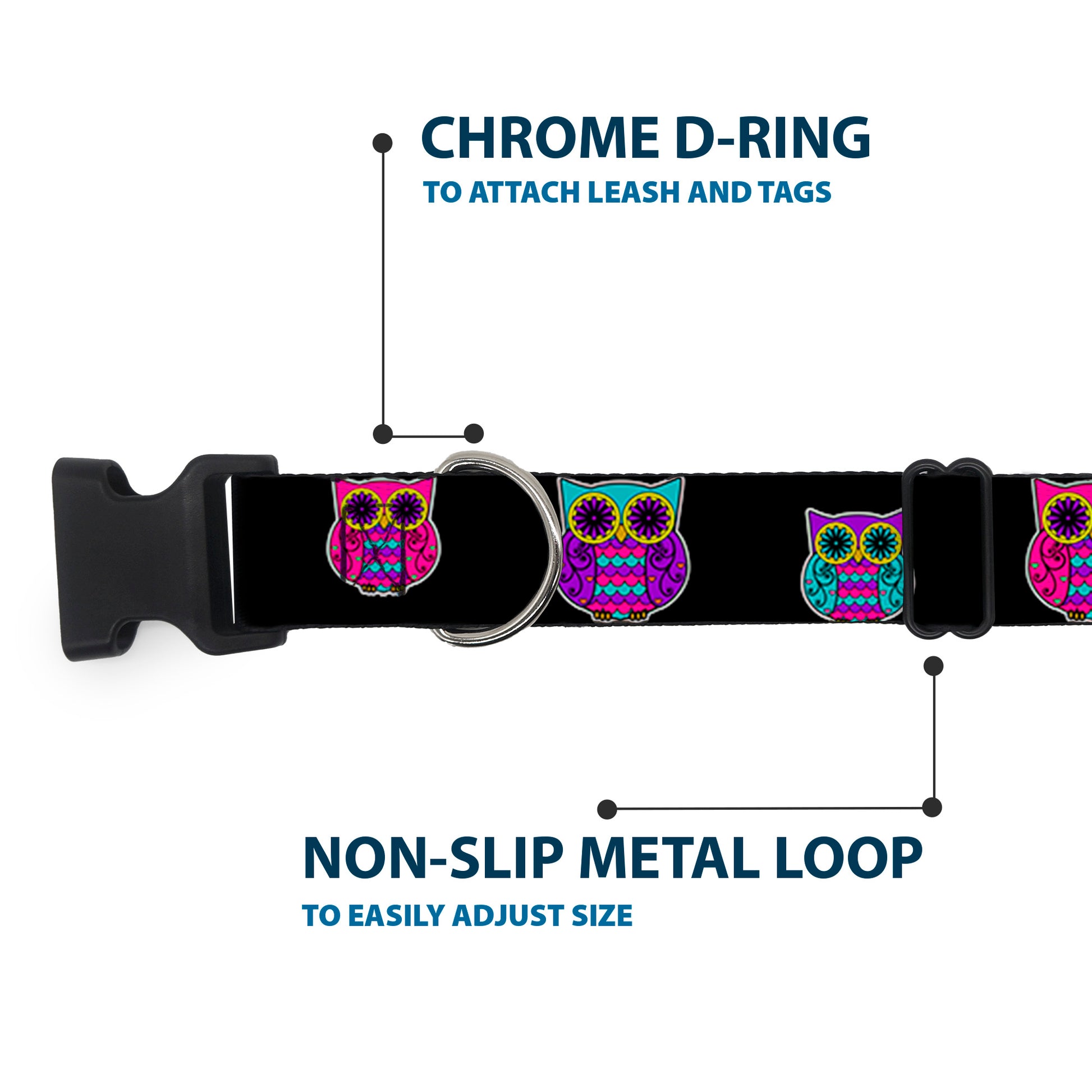 Plastic Clip Collar - Owls Black/Fuchsia/Purple/Turquoise Plastic Clip Collars Buckle-Down