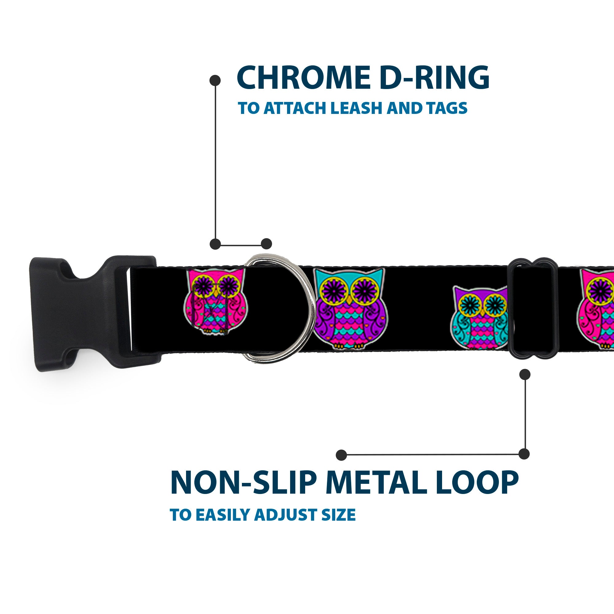 Plastic Clip Collar - Owls Black/Fuchsia/Purple/Turquoise Plastic Clip Collars Buckle-Down
