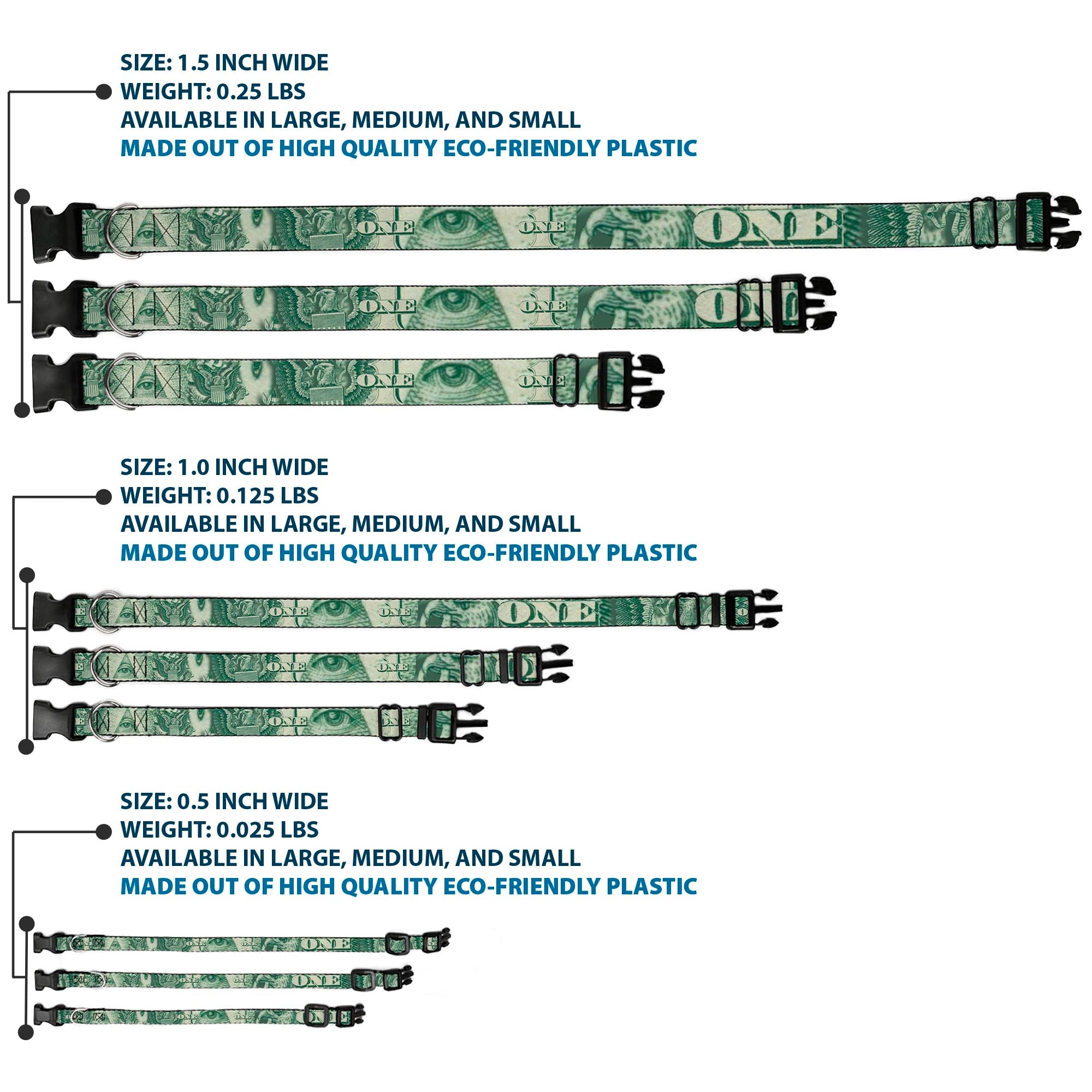 Plastic Clip Collar - One Dollar Bill Eye of Providence/Bald Eagle CLOSE-UP Plastic Clip Collars Buckle-Down