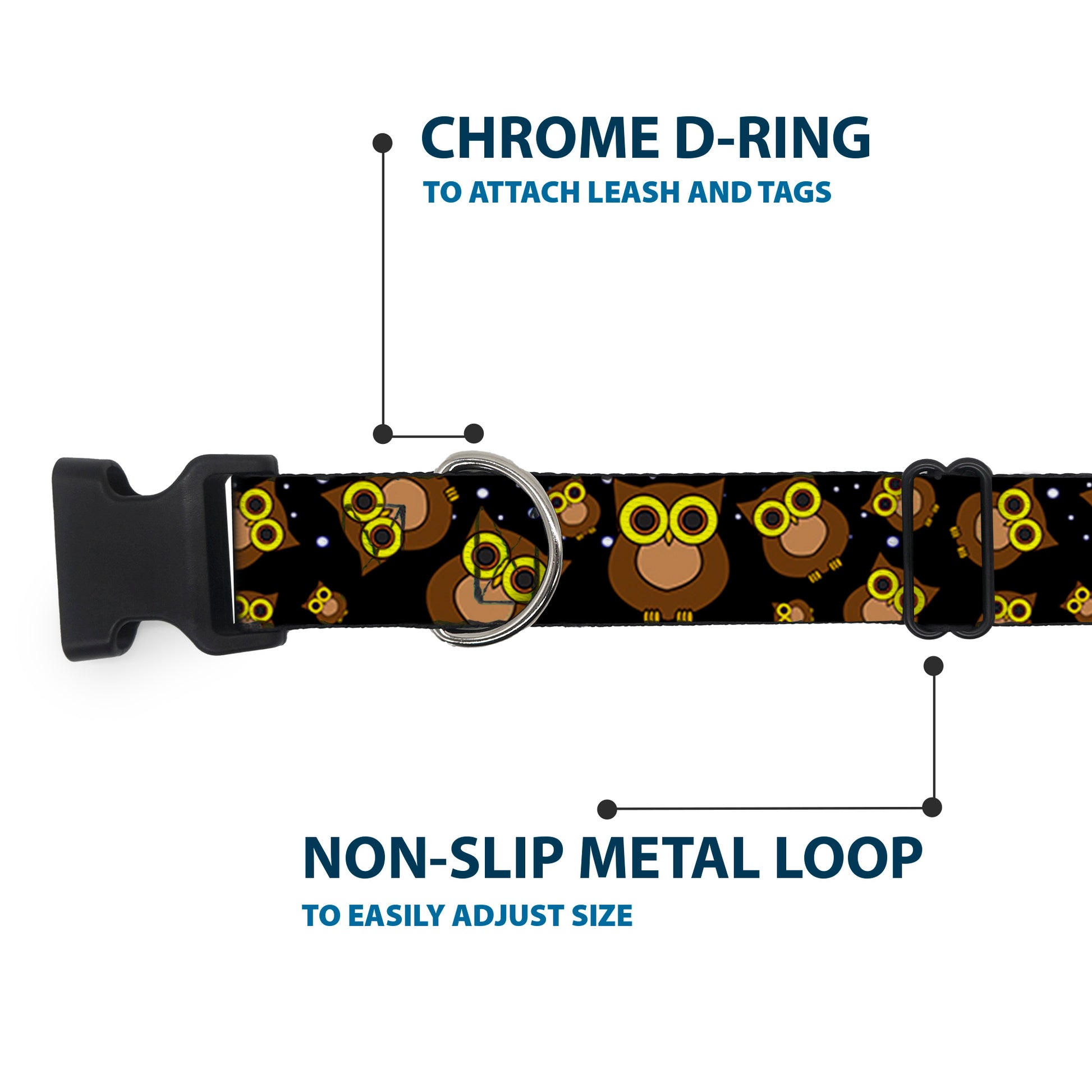 Plastic Clip Collar - Owls Scattered Black/Brown/Yellow Plastic Clip Collars Buckle-Down