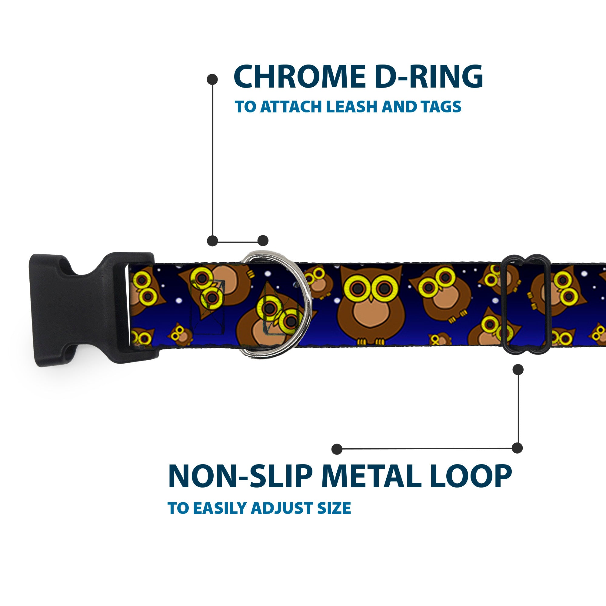 Plastic Clip Collar - Owls Scattered Black/Blue-Fade/Yellow Plastic Clip Collars Buckle-Down