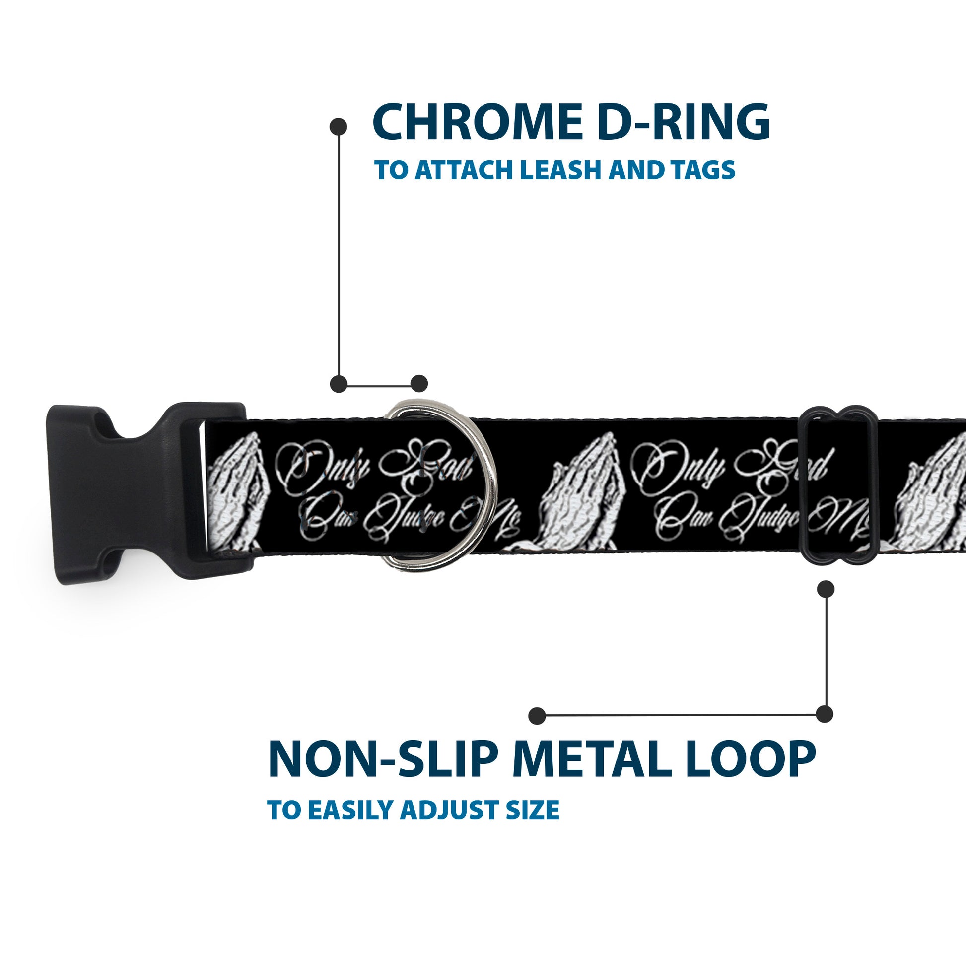 Plastic Clip Collar - ONLY GOD CAN JUDGE ME Script/Praying Hands Black/White Plastic Clip Collars Buckle-Down