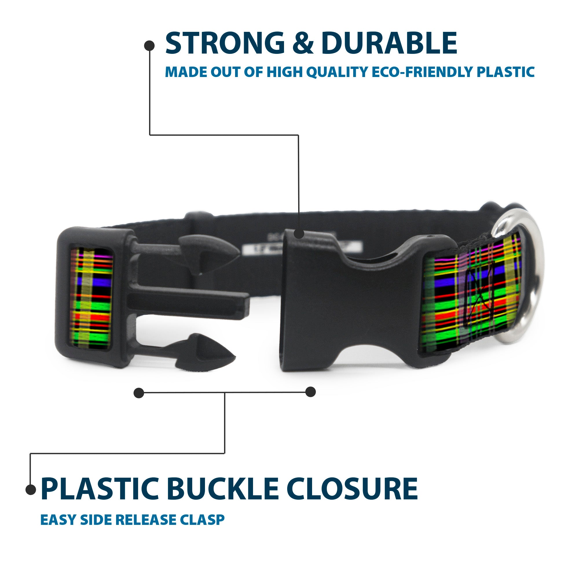 Plastic Clip Collar - Plaid Black/Multi Neon Plastic Clip Collars Buckle-Down