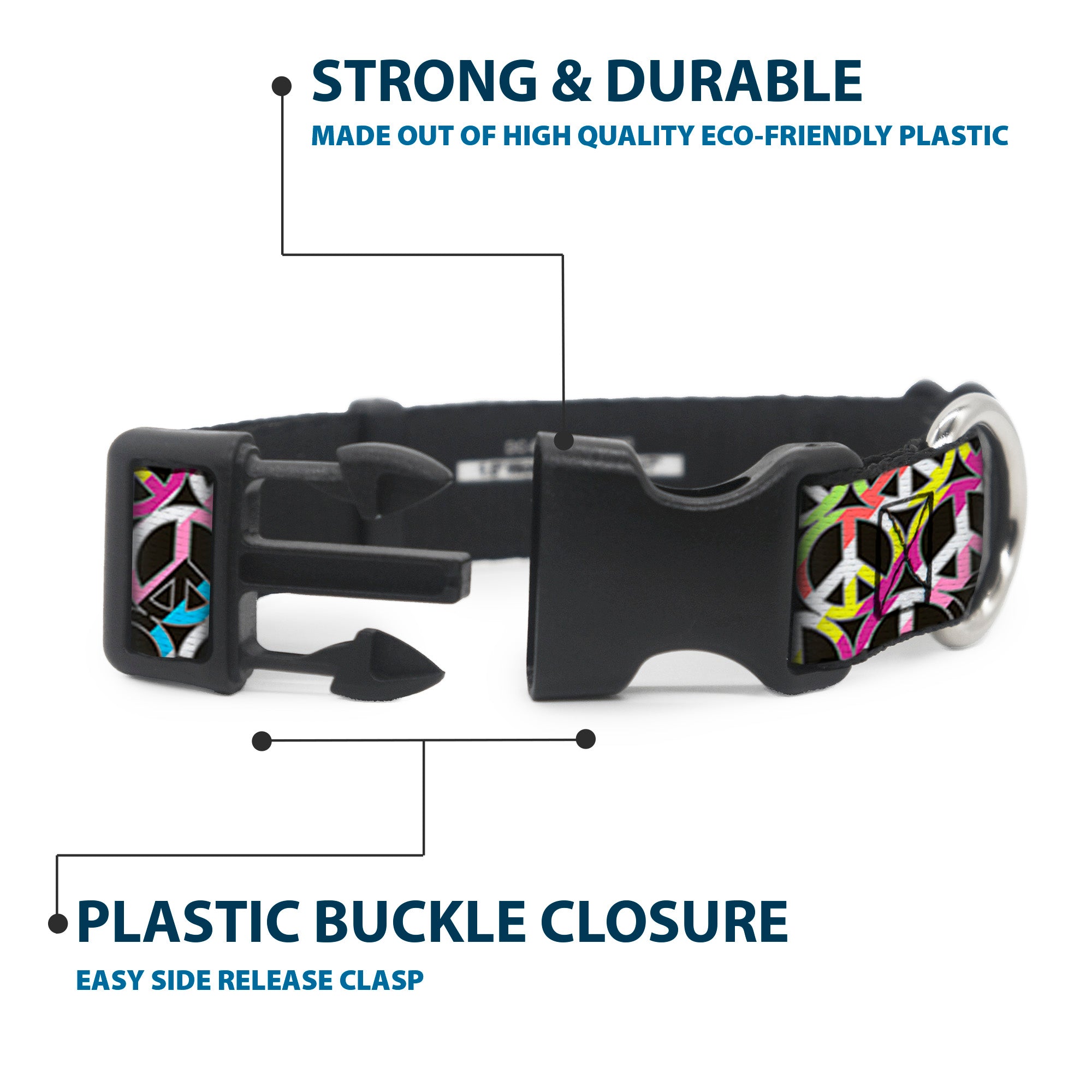 Plastic Clip Collar - Peace Black/Multi Stripes Plastic Clip Collars Buckle-Down