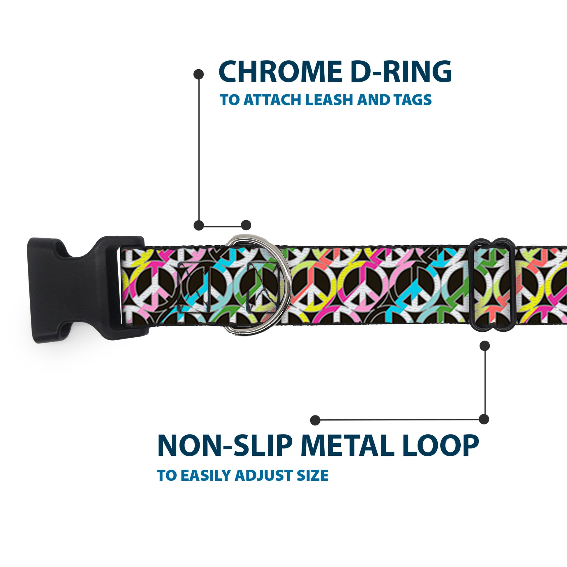 Plastic Clip Collar - Peace Black/Multi Stripes Plastic Clip Collars Buckle-Down