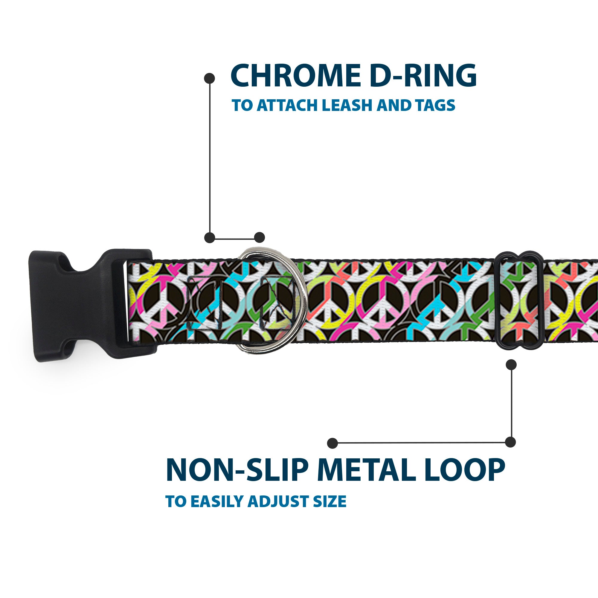 Plastic Clip Collar - Peace Black/Multi Stripes Plastic Clip Collars Buckle-Down