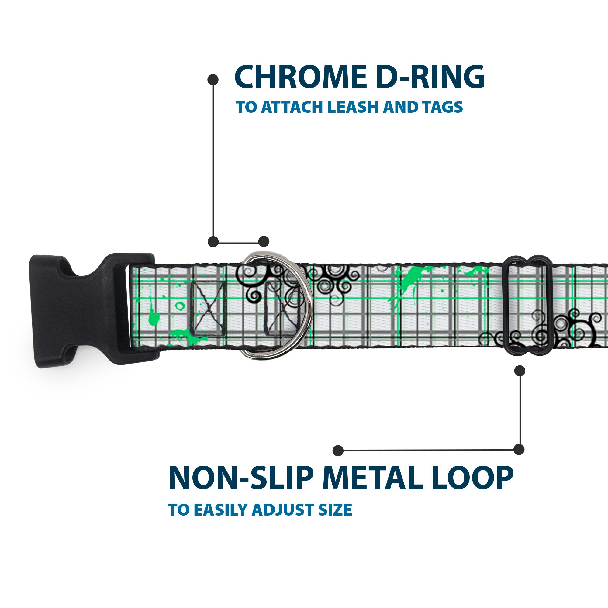 Plastic Clip Collar - Plaid Curls White/Black/Gray/Green Plastic Clip Collars Buckle-Down