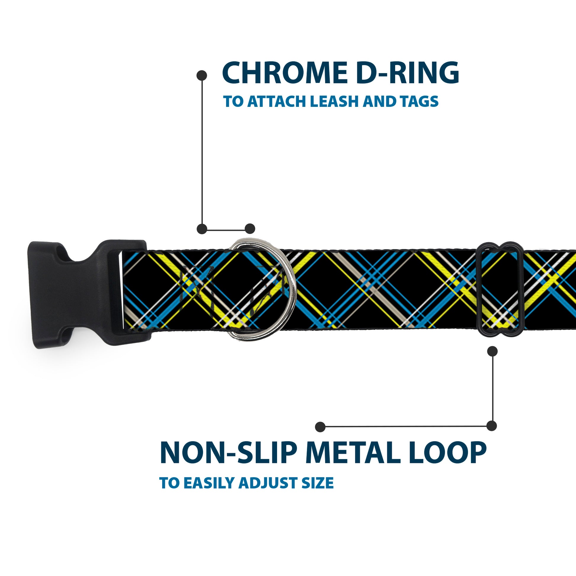 Plastic Clip Collar - Plaid Black/Yellow/Turquoise/Gray Plastic Clip Collars Buckle-Down
