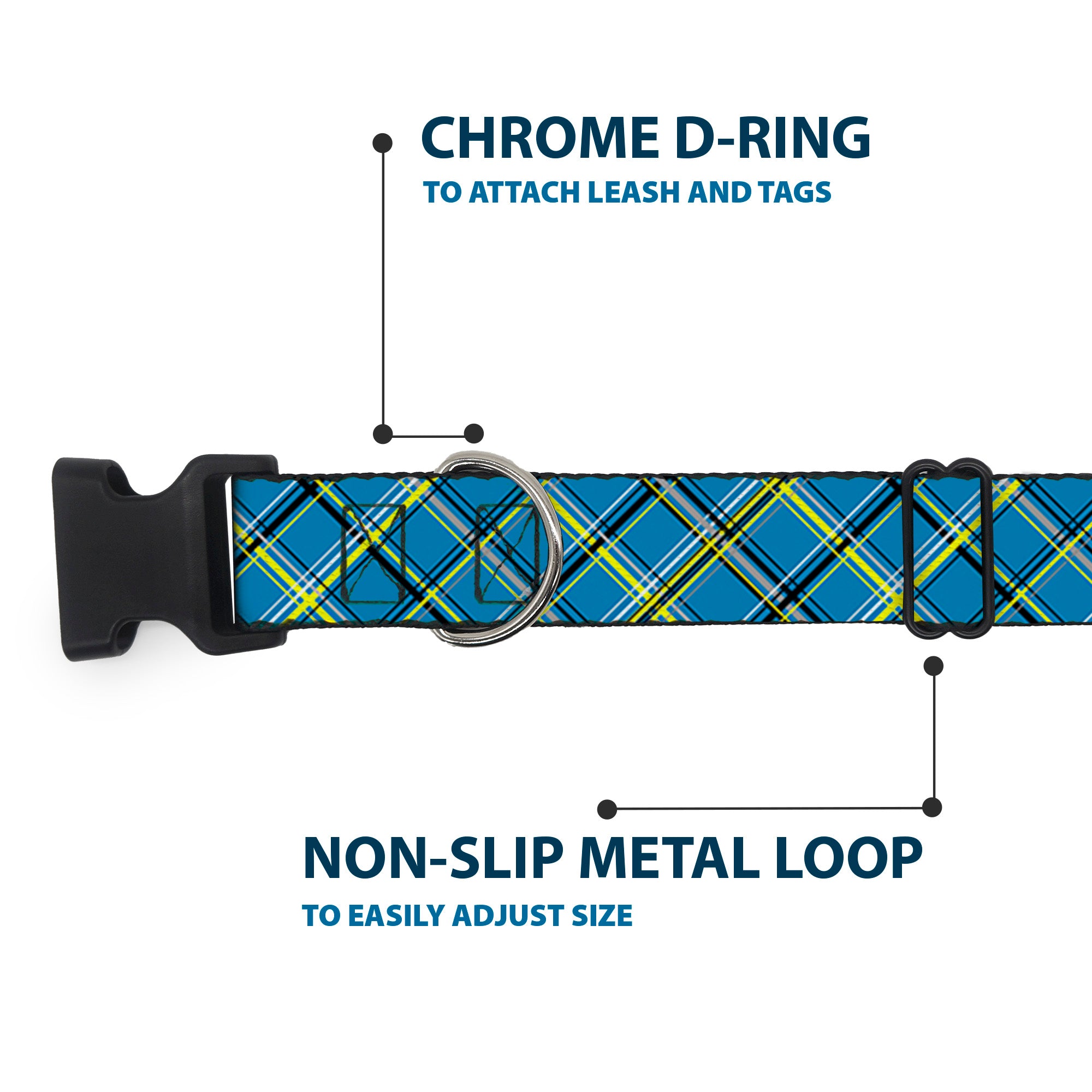 Plastic Clip Collar - Plaid Turquoise/Yellow/Black/Gray Plastic Clip Collars Buckle-Down